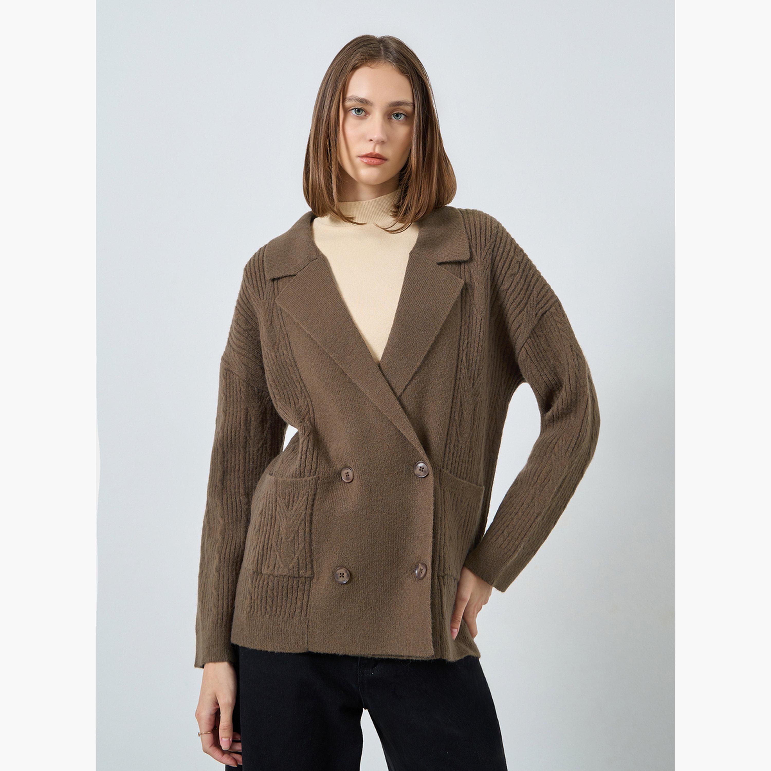 ستايلي - كارديغان ترنش طويل بني اللون ذو صدر مزدوج للنساء -women-winterwear-cardigansandjumpers-cardigans-image-3