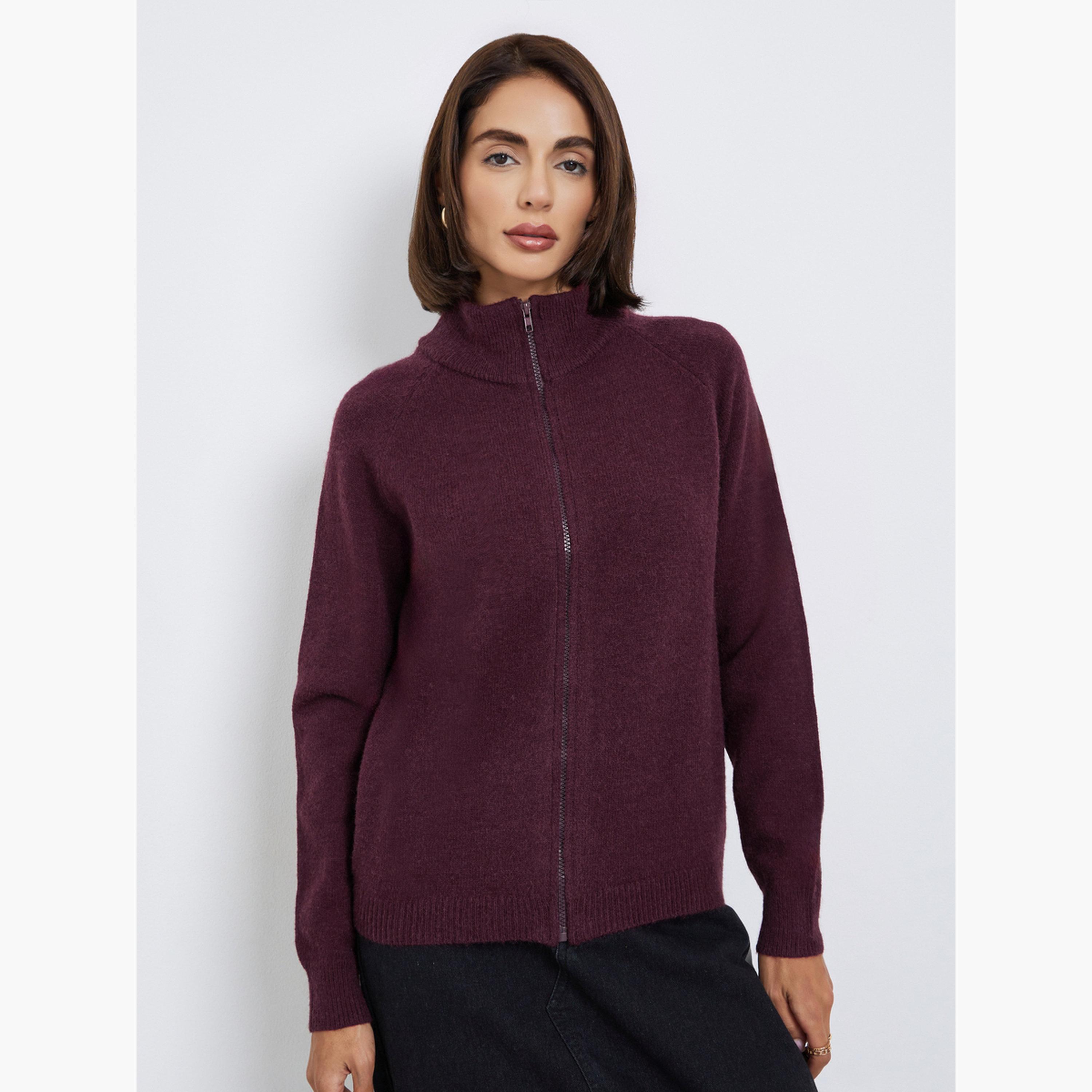 ستايلي - سترة برغندي بقصّة عادية وسحّاب للنساء -women-winterwear-cardigansandjumpers-jumpers-image-1