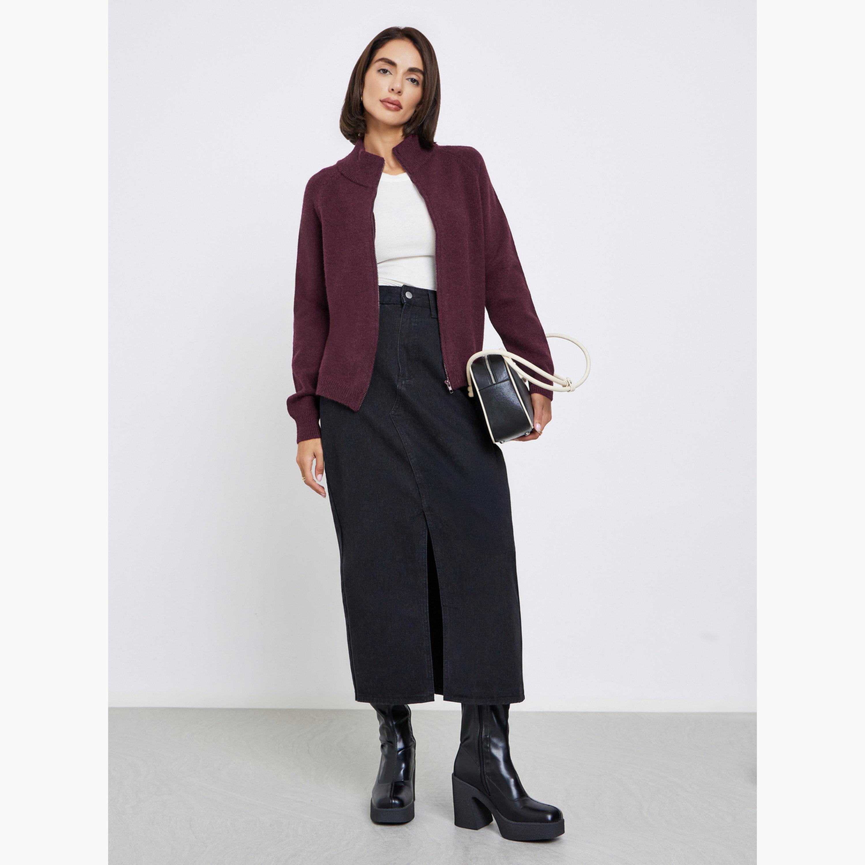 ستايلي - سترة برغندي بقصّة عادية وسحّاب للنساء -women-winterwear-cardigansandjumpers-jumpers-image-2