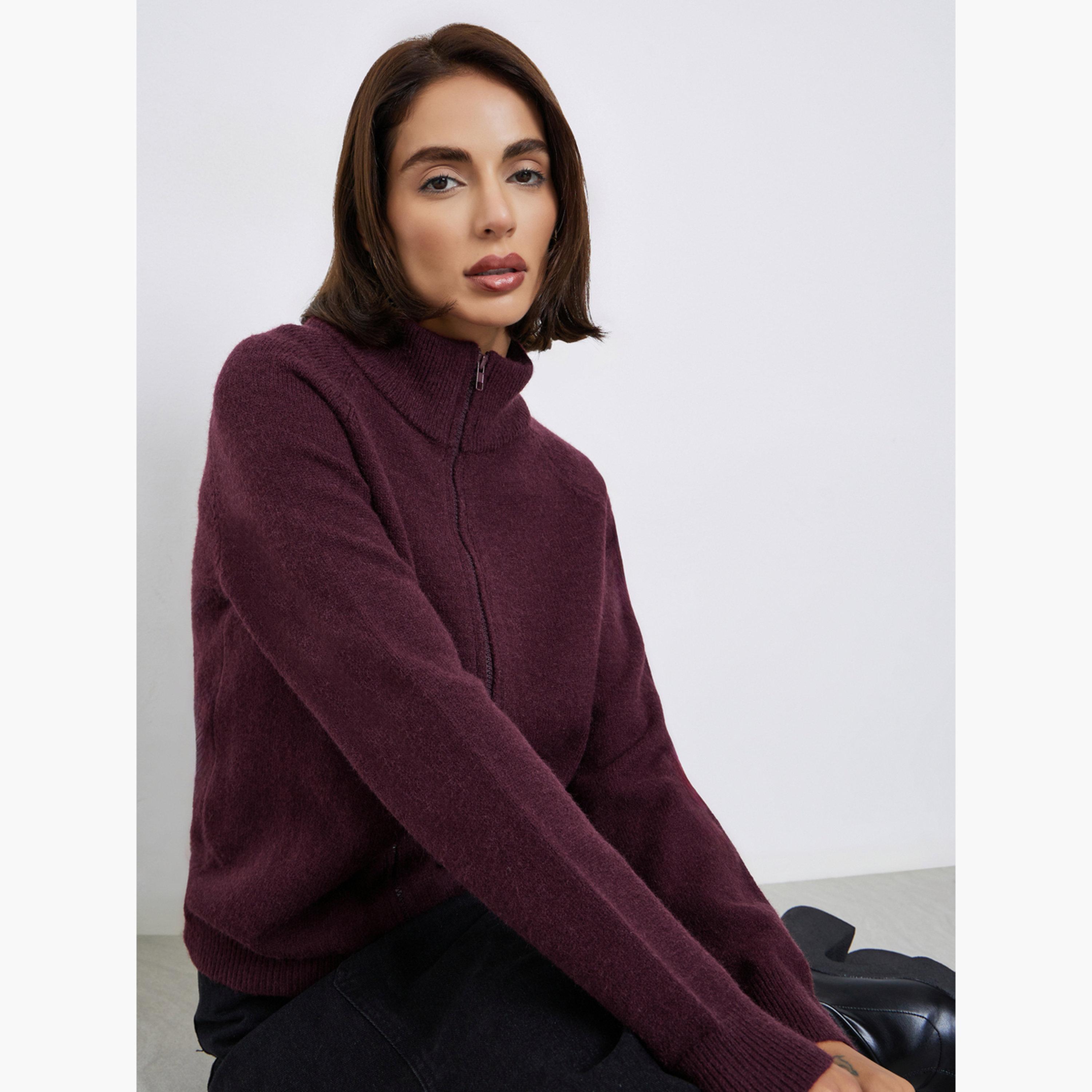 ستايلي - سترة برغندي بقصّة عادية وسحّاب للنساء -women-winterwear-cardigansandjumpers-jumpers-image-3