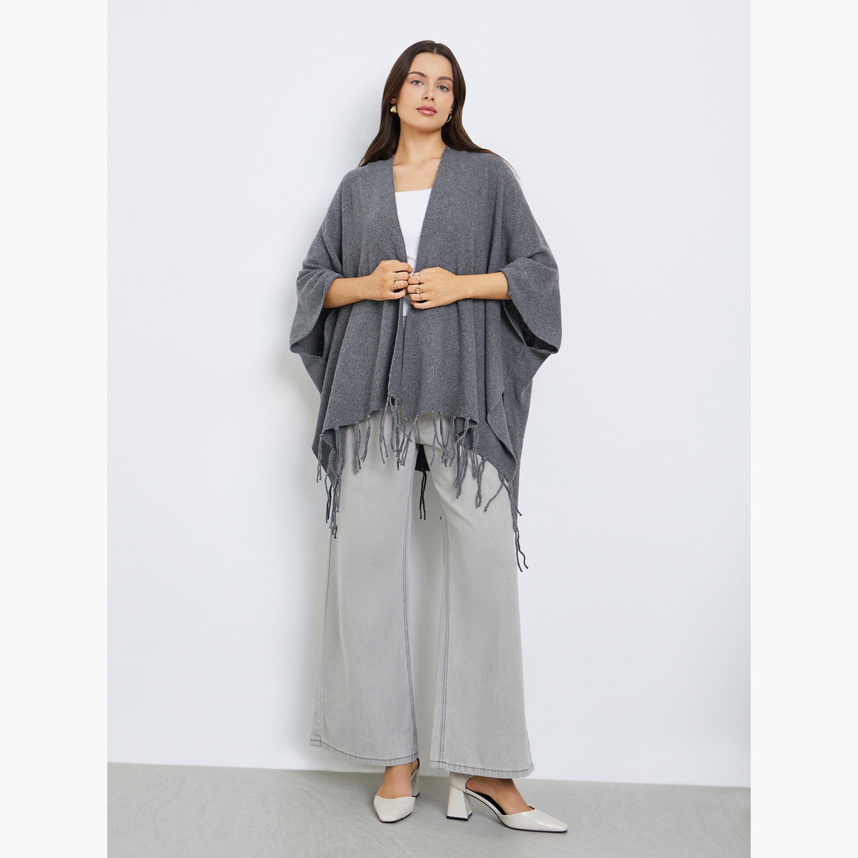 Styli Textured Oversized Longline Cape Women's Open Front Fringes Cardigan-women-winterwear-cardigansandjumpers-cardigans-image-2