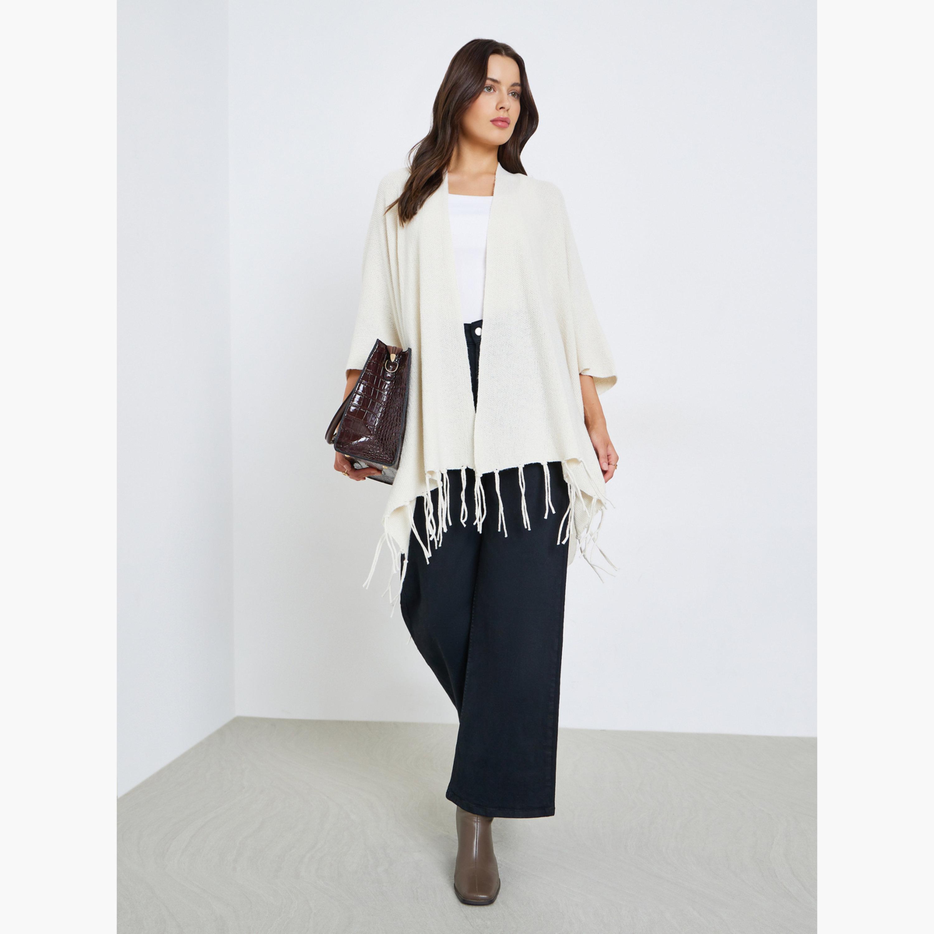 Styli Textured Oversized Longline Cape Women's Open Front Fringes Cardigan-women-winterwear-cardigansandjumpers-cardigans-image-2