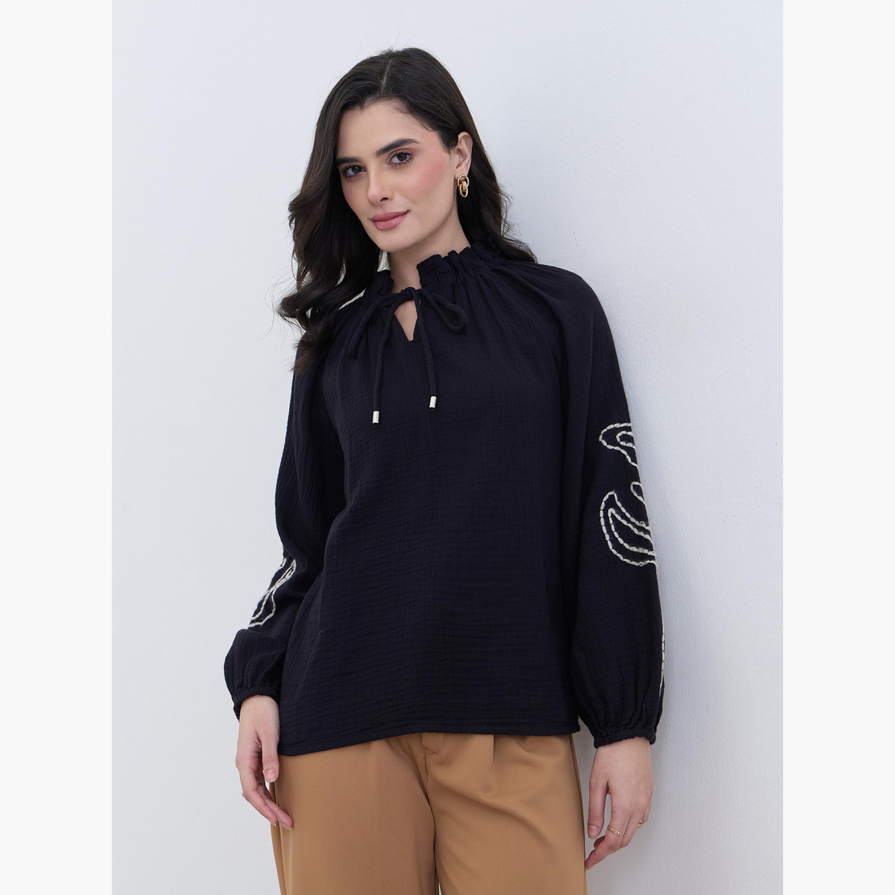 Styli Black Embroidered Long Sleeve Blouse-women-clothing-shirtsandblouses-blouses-image-1