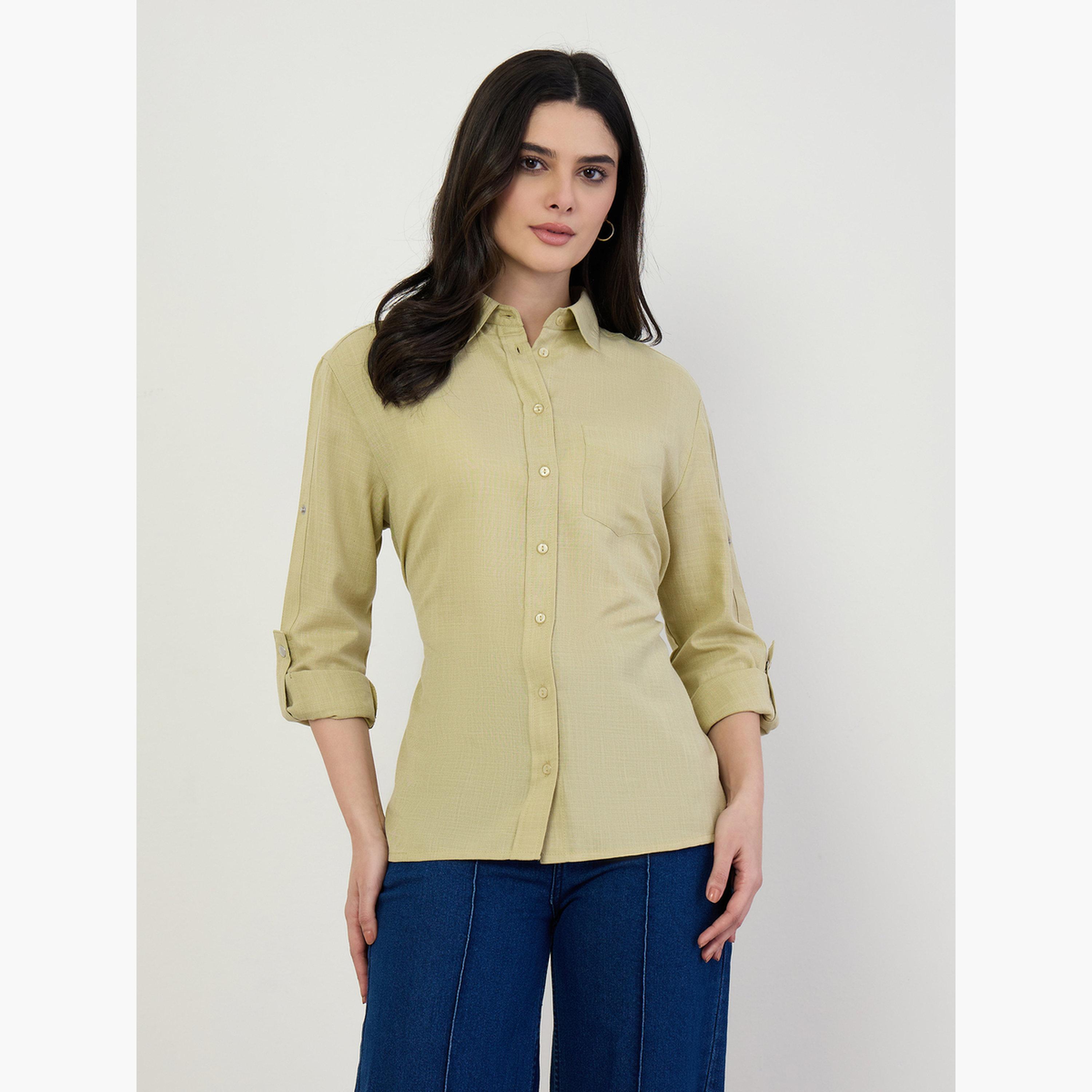 بلوزة كتان بأزرار غلق وأكمام طويلة رول أب-women-clothing-shirtsandblouses-shirts-image-1