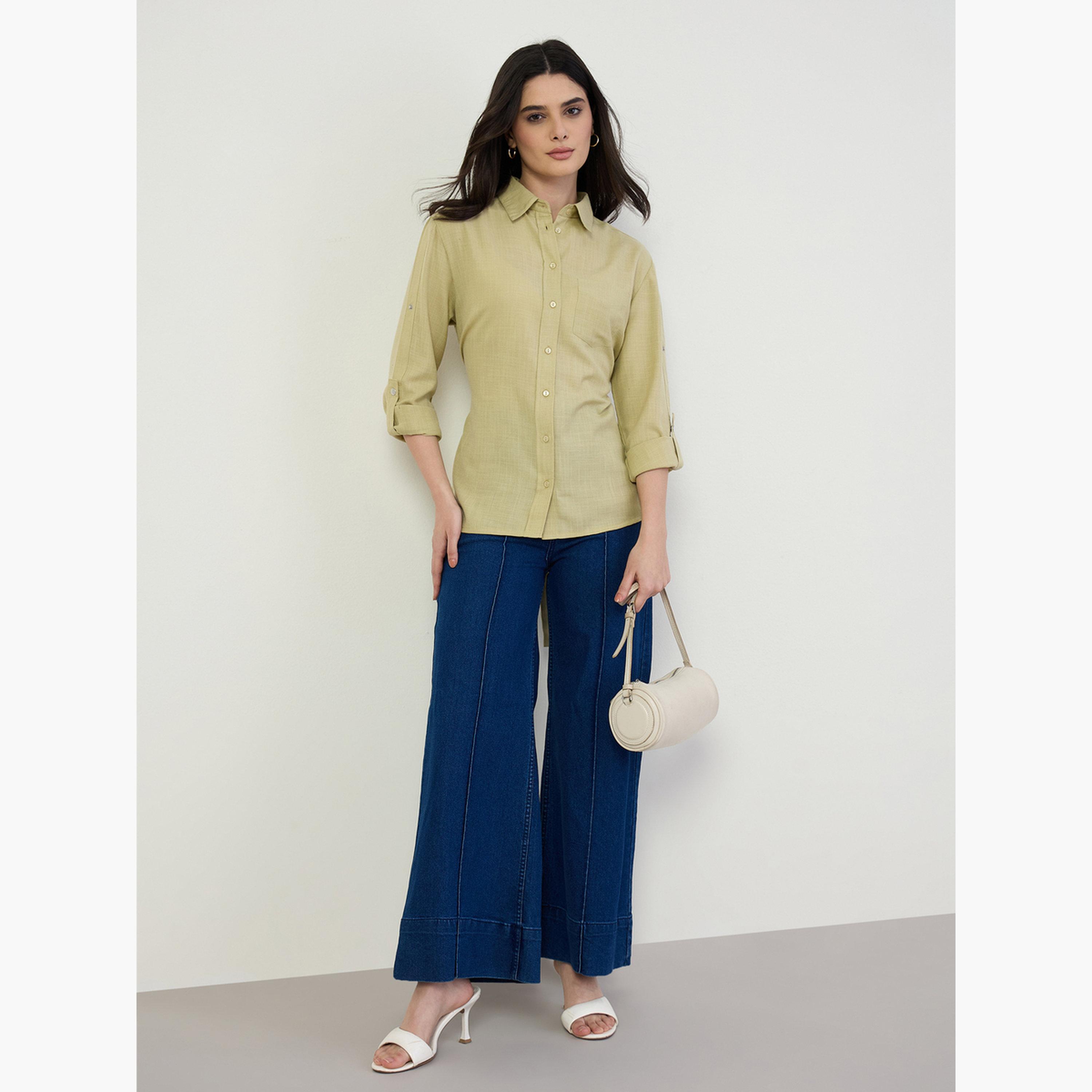 بلوزة كتان بأزرار غلق وأكمام طويلة رول أب-women-clothing-shirtsandblouses-shirts-image-2