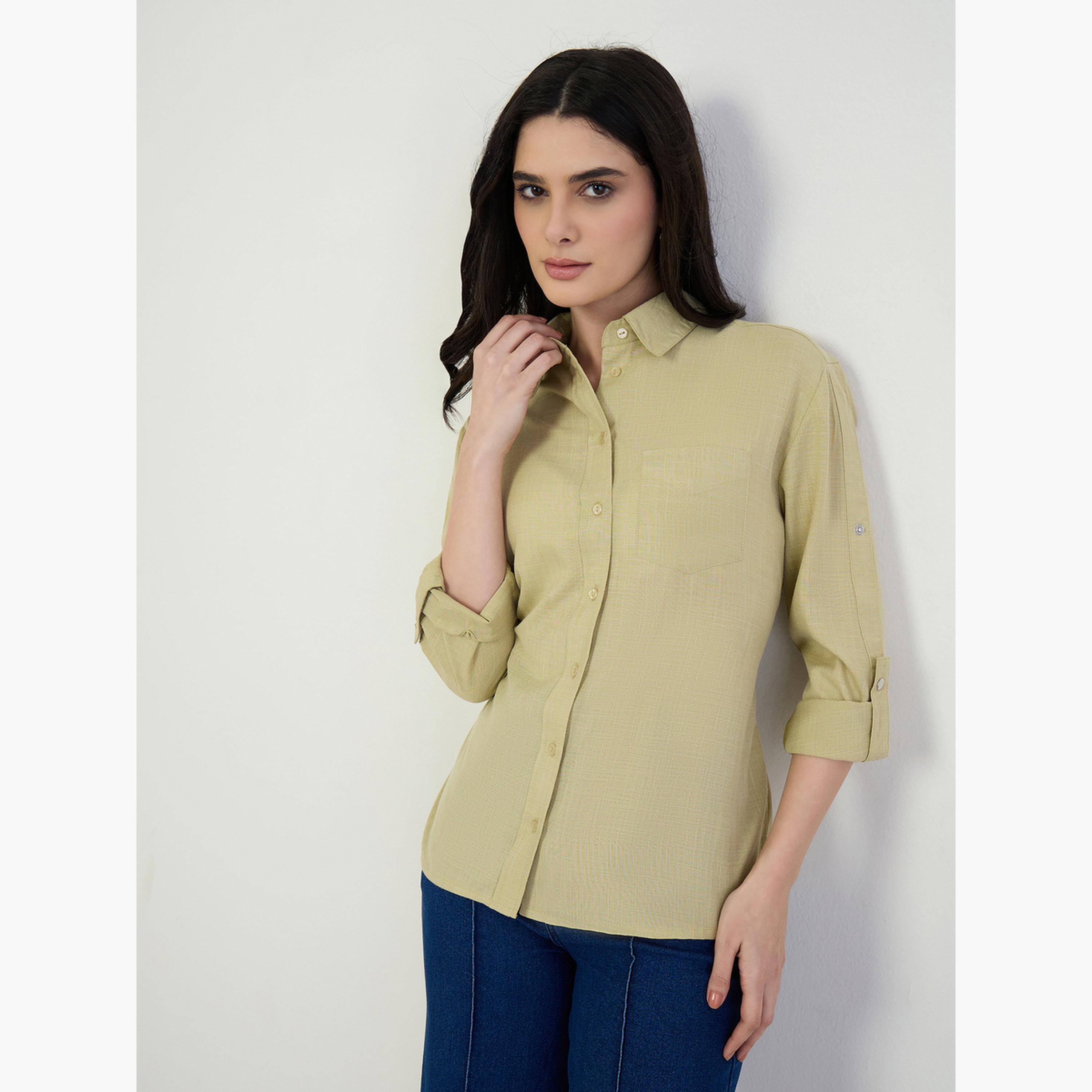 بلوزة كتان بأزرار غلق وأكمام طويلة رول أب-women-clothing-shirtsandblouses-shirts-image-3