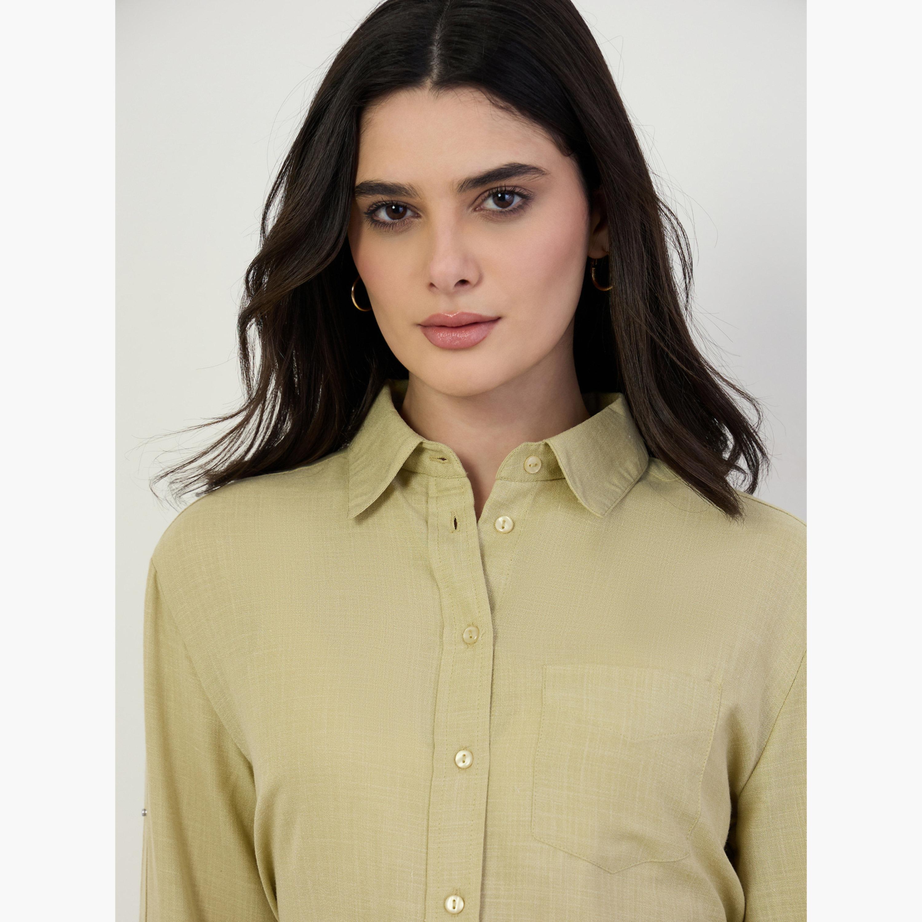 بلوزة كتان بأزرار غلق وأكمام طويلة رول أب-women-clothing-shirtsandblouses-shirts-image-4