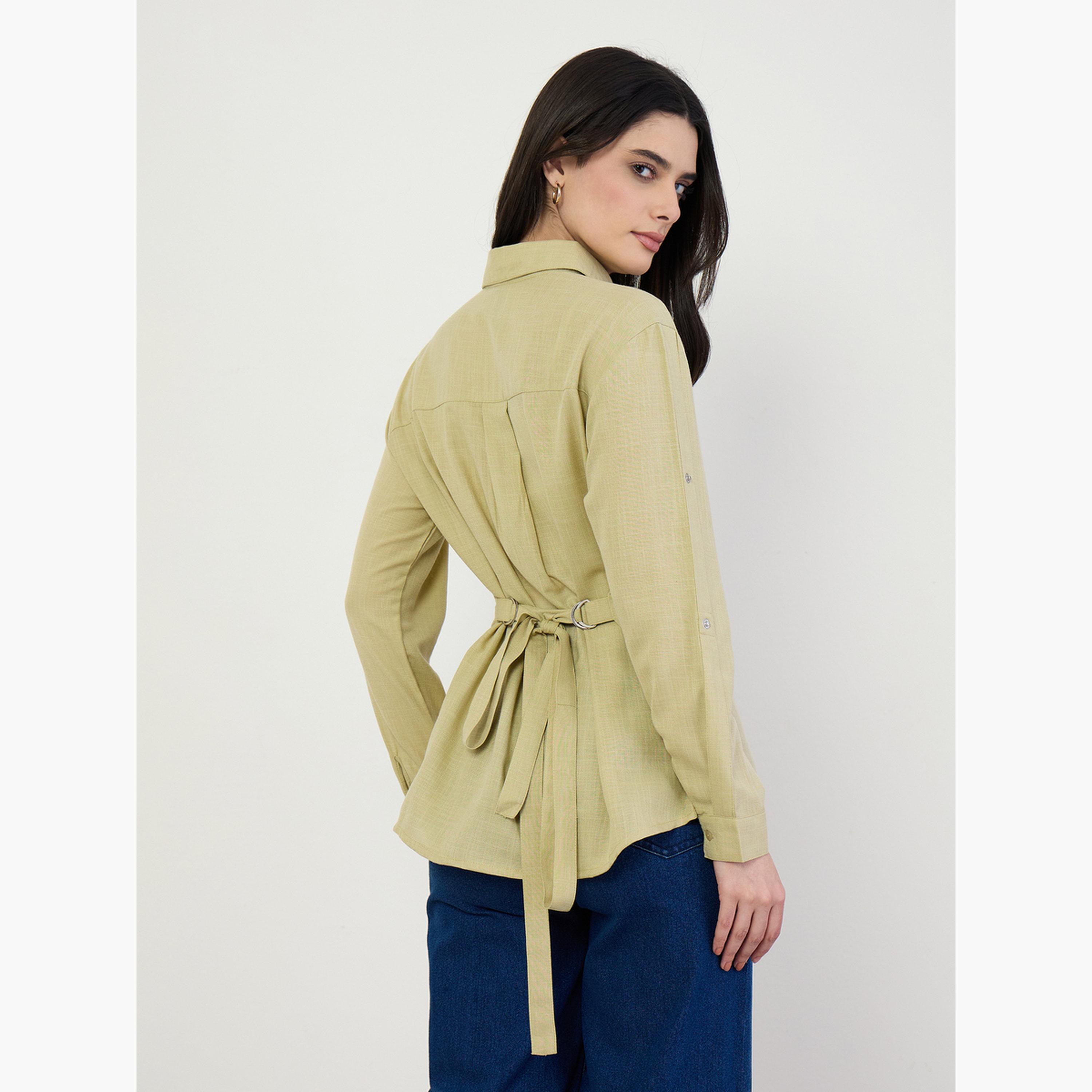 بلوزة كتان بأزرار غلق وأكمام طويلة رول أب-women-clothing-shirtsandblouses-shirts-image-5