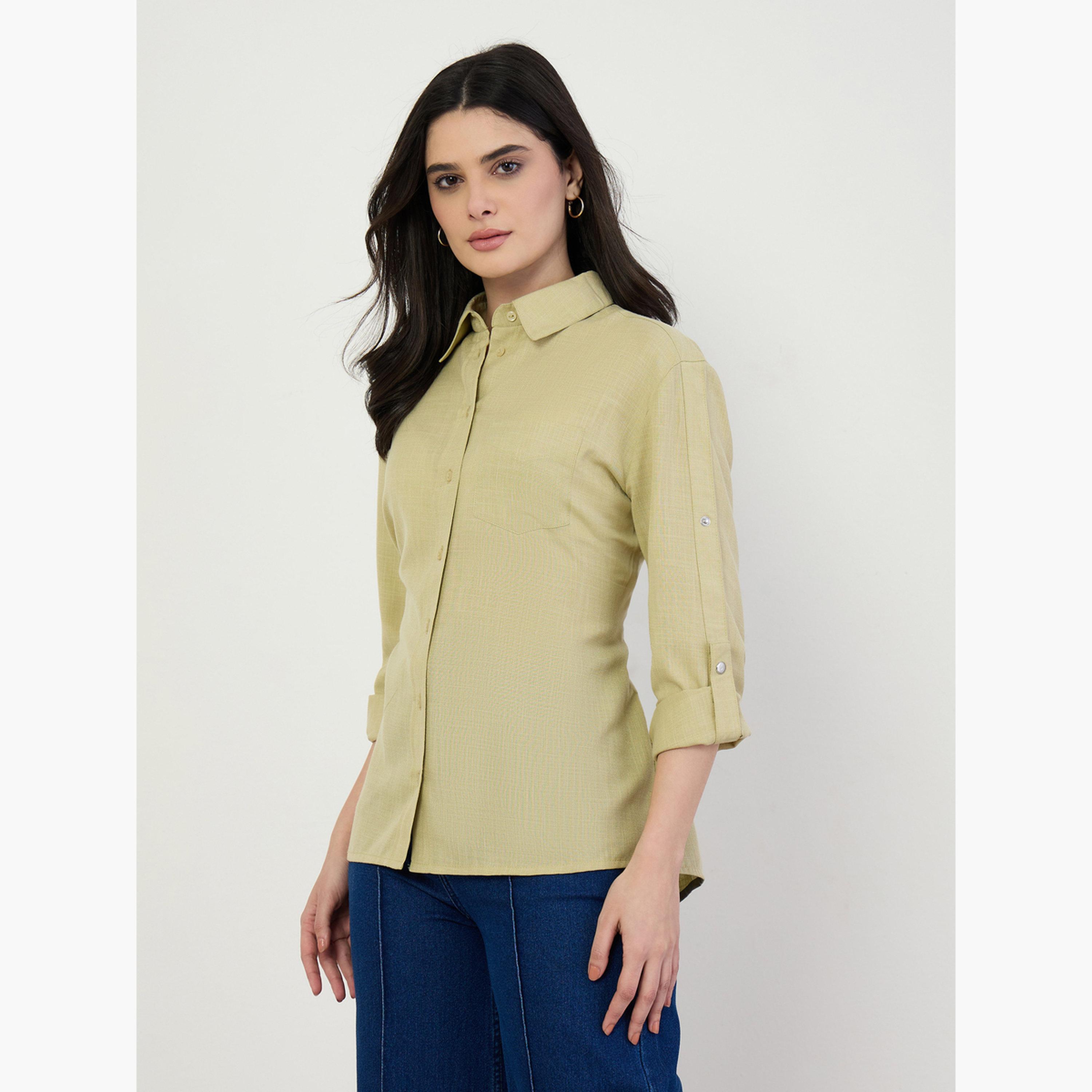 بلوزة كتان بأزرار غلق وأكمام طويلة رول أب-women-clothing-shirtsandblouses-shirts-image-6