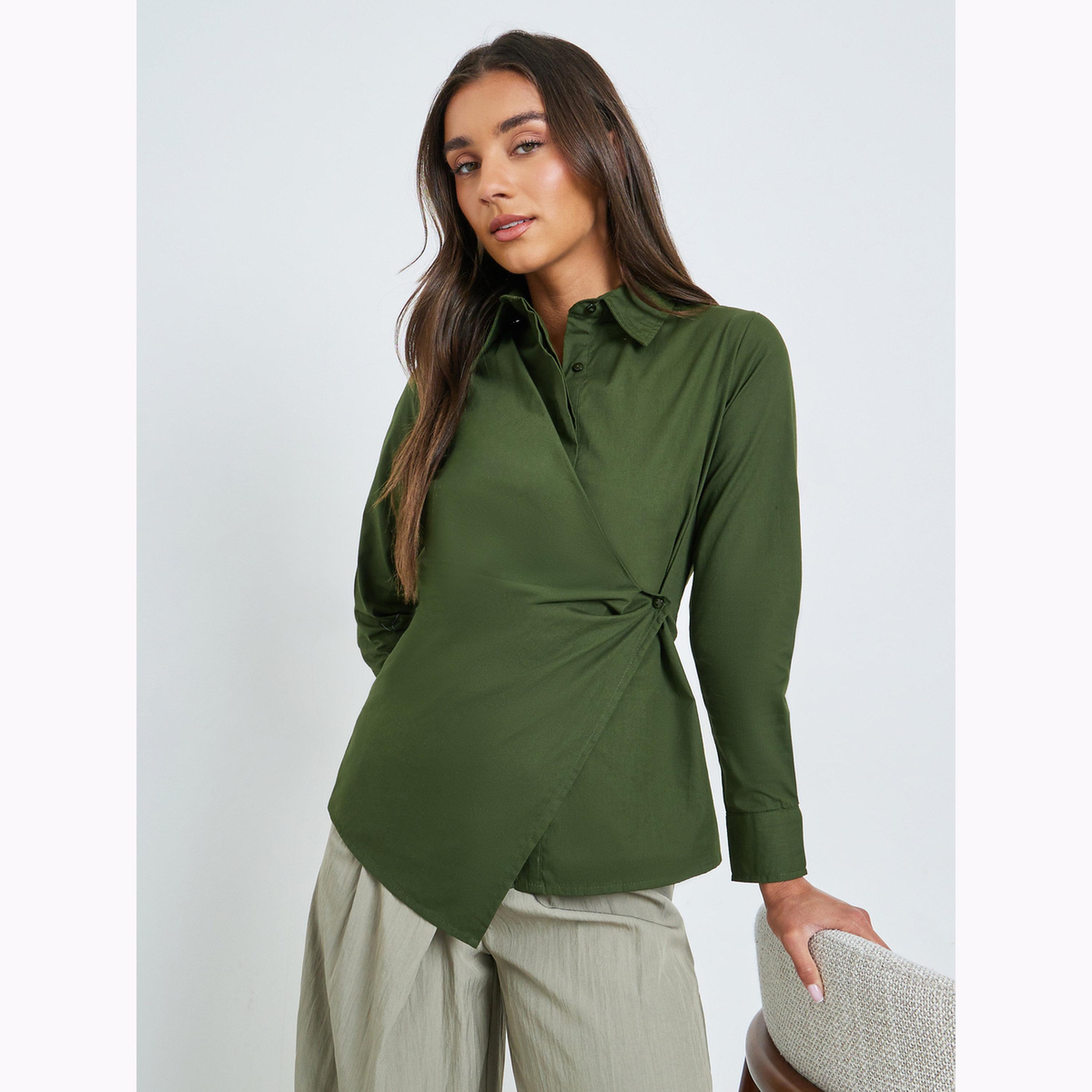 Styli Green Cotton Wrap Shirt with Long Sleeves-women-clothing-shirtsandblouses-blouses-image-1