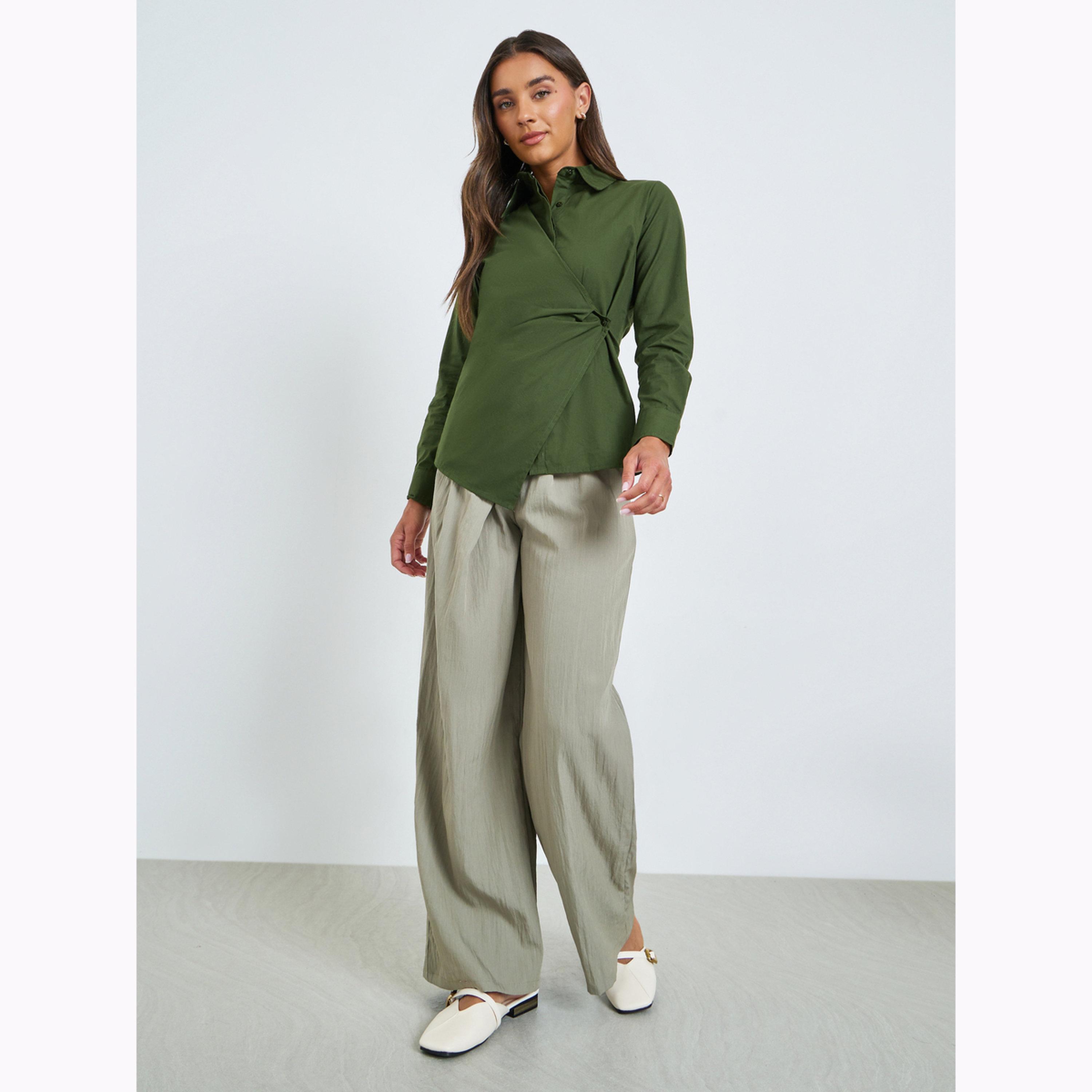Styli Green Cotton Wrap Shirt with Long Sleeves-women-clothing-shirtsandblouses-blouses-image-2