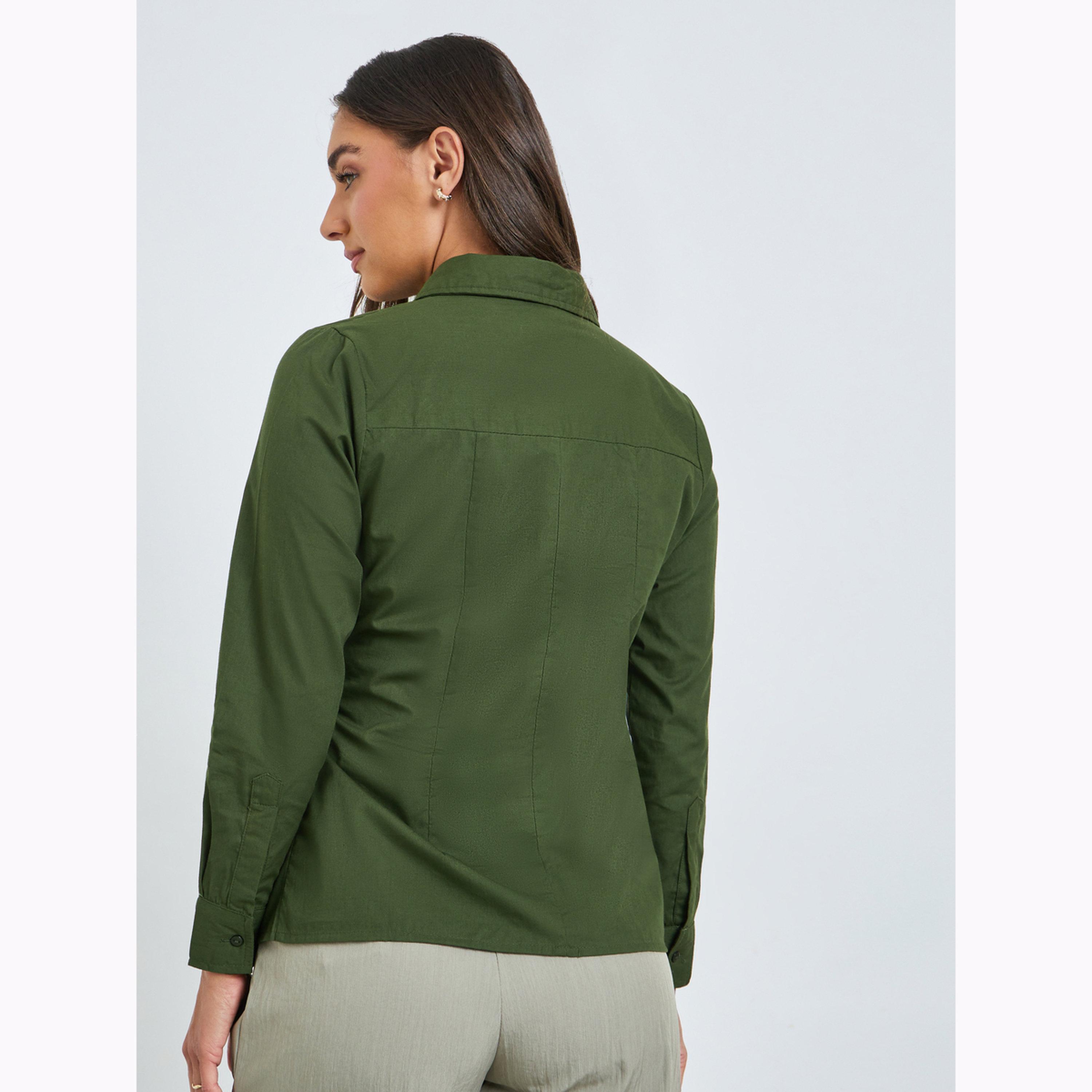 بلوزة قطن للف بلف بأكمام طويلة لون أخضر-women-clothing-shirtsandblouses-blouses-image-3