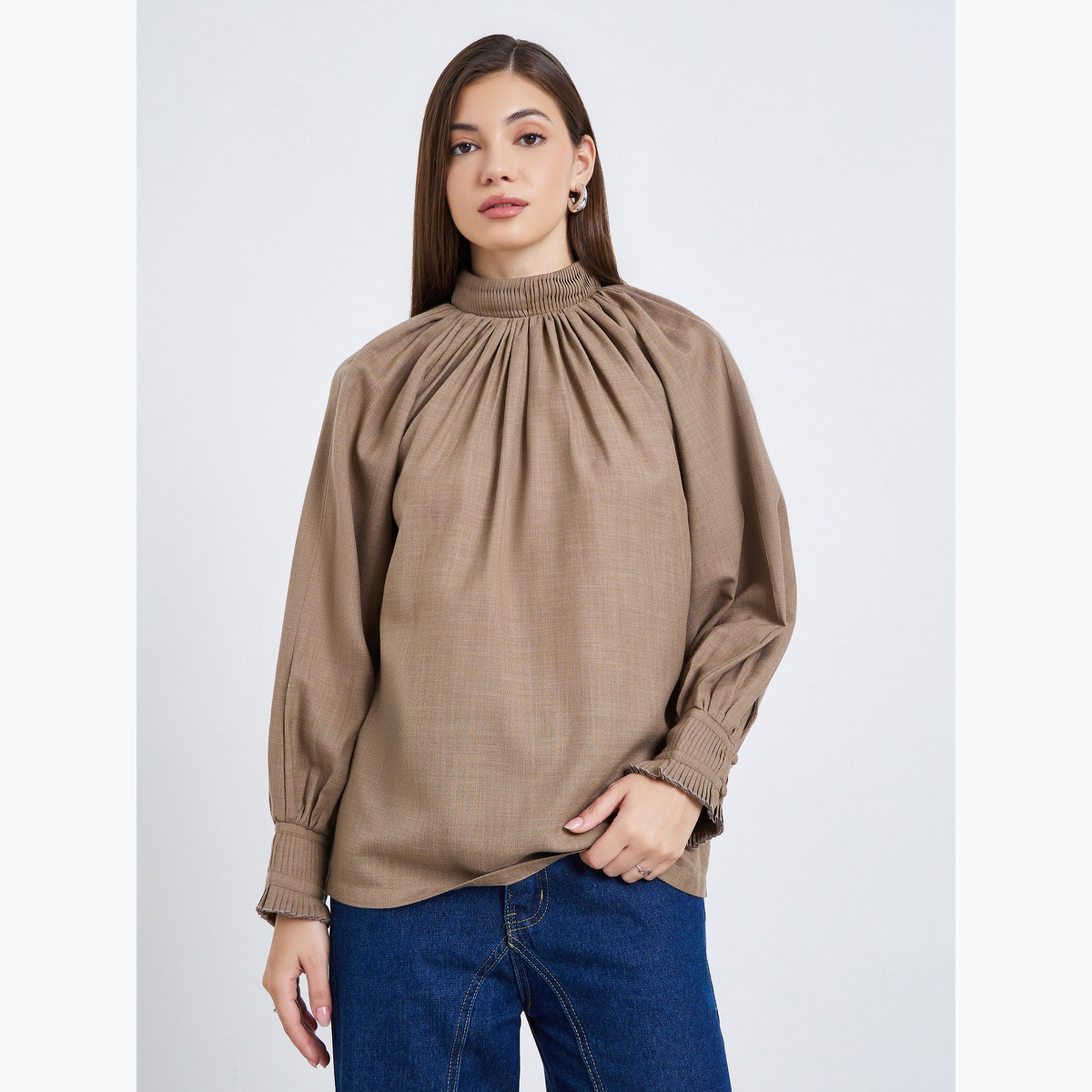 بلوزة مزينة بكسرات وأكمام بالون-women-clothing-shirtsandblouses-blouses-image-1
