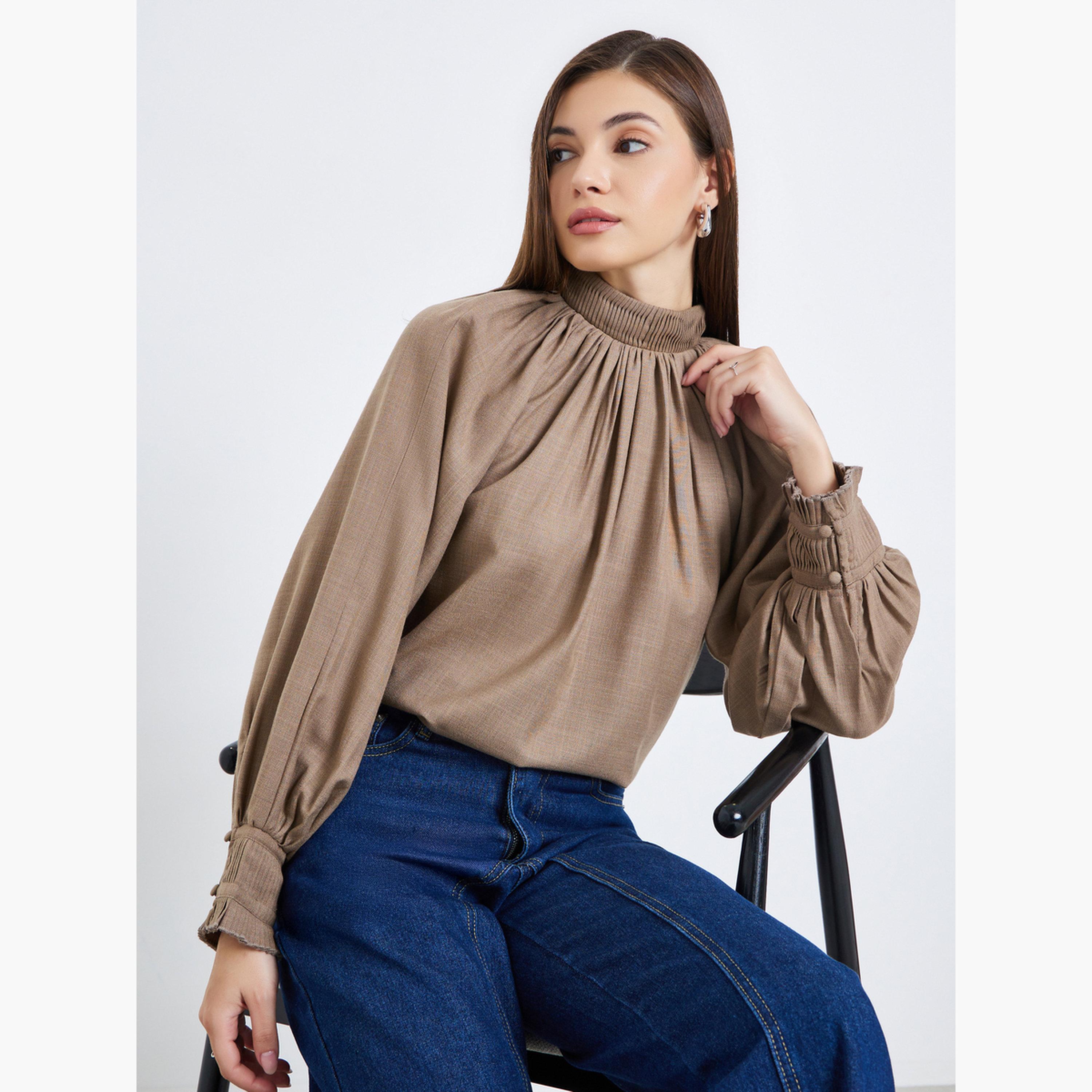 بلوزة مزينة بكسرات وأكمام بالون-women-clothing-shirtsandblouses-blouses-image-3