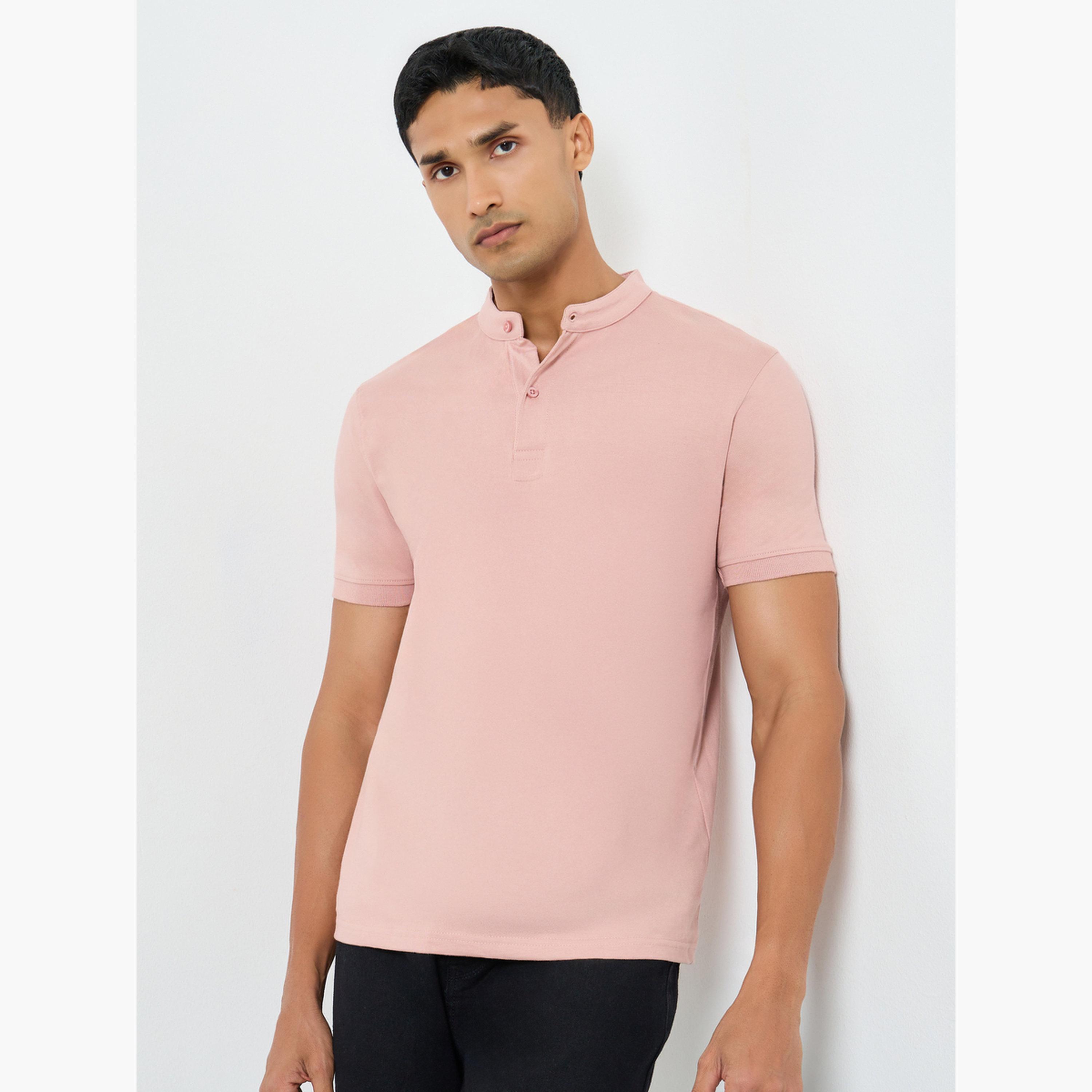 Styli Men Pink Cotton Compact Jersey Mandarin Polo-men-clothing-tshirtsandpolos-polos-image-1