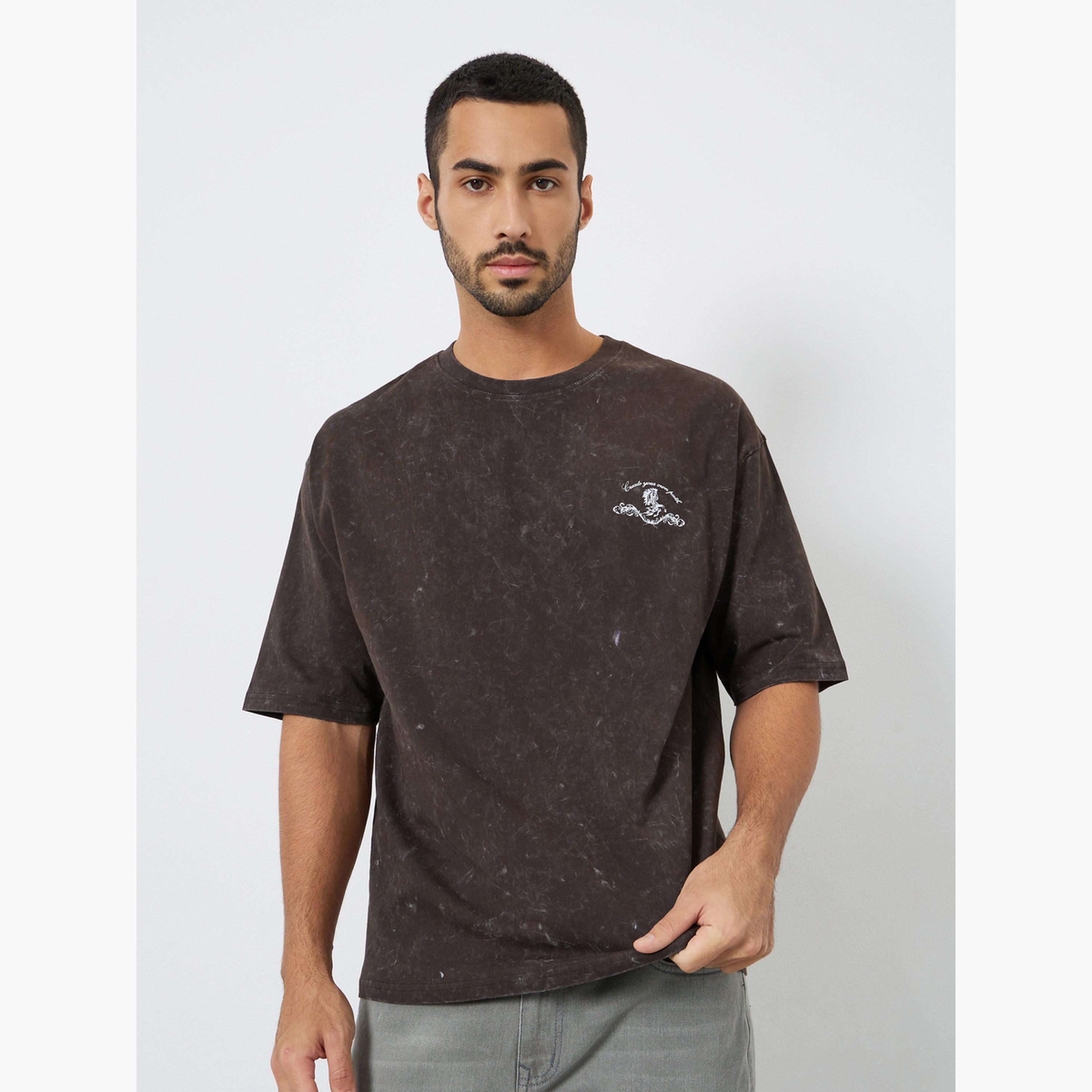 Styli Men Brown Acid Wash Graphic Print Oversized T-Shirt-men-clothing-tshirtsandpolos-tshirts-image-1