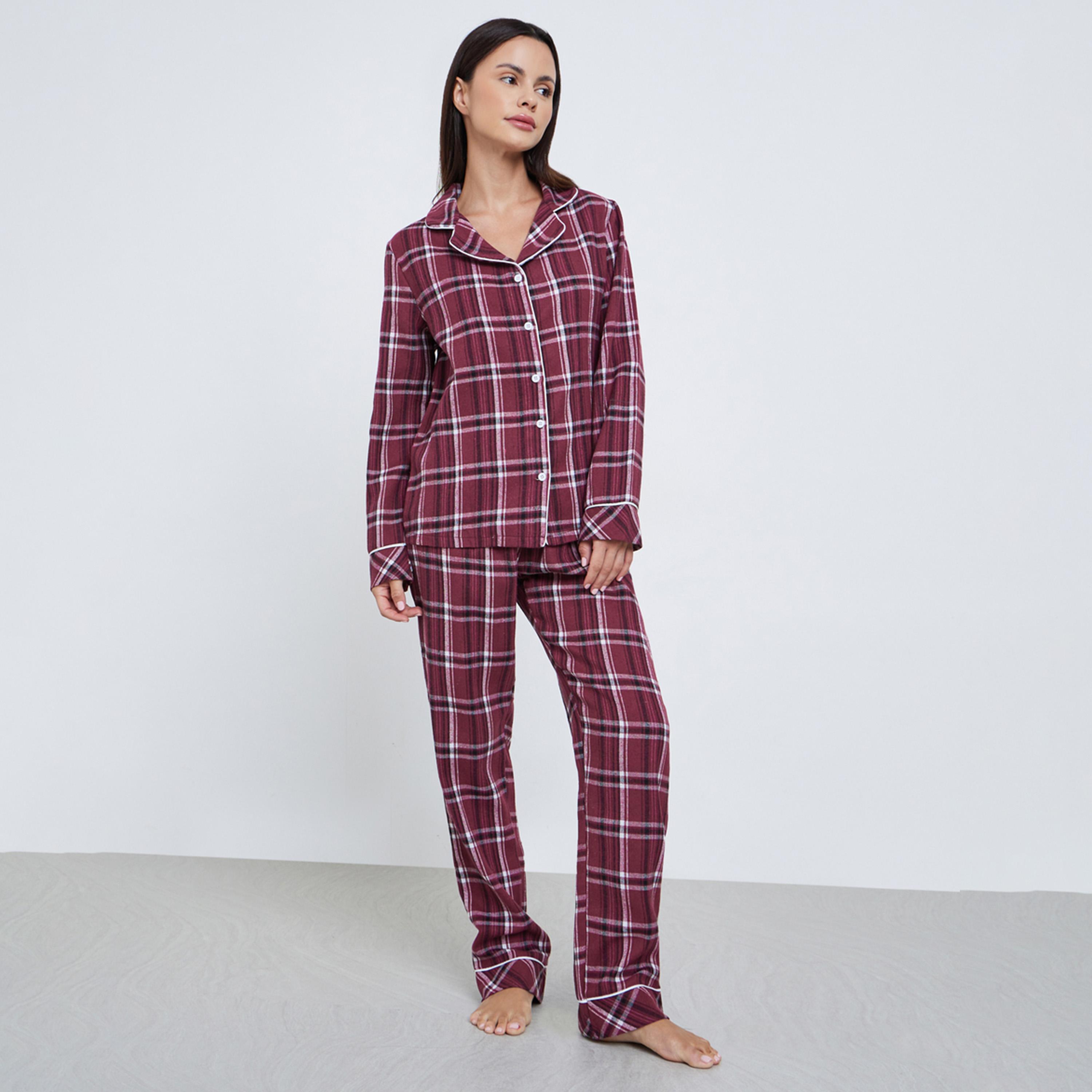 ستايلي - بيجاما قميص  بتفاصيل مربعات-women-clothing-nightwear-pyjamas-longsets-image-1