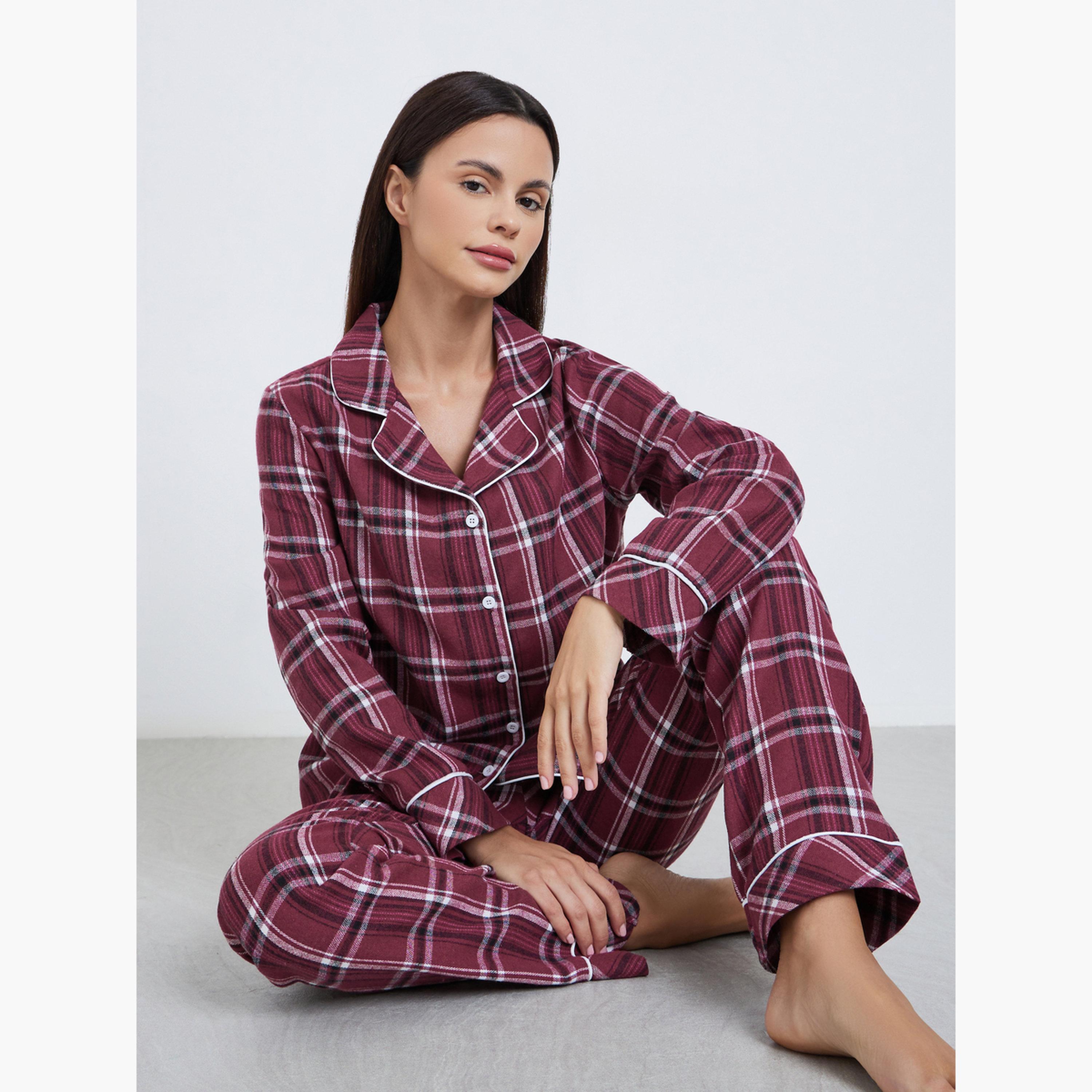 Styli Checked Piped Detail Shirt and Pyjama Set-women-clothing-nightwear-pyjamas-longsets-image-2