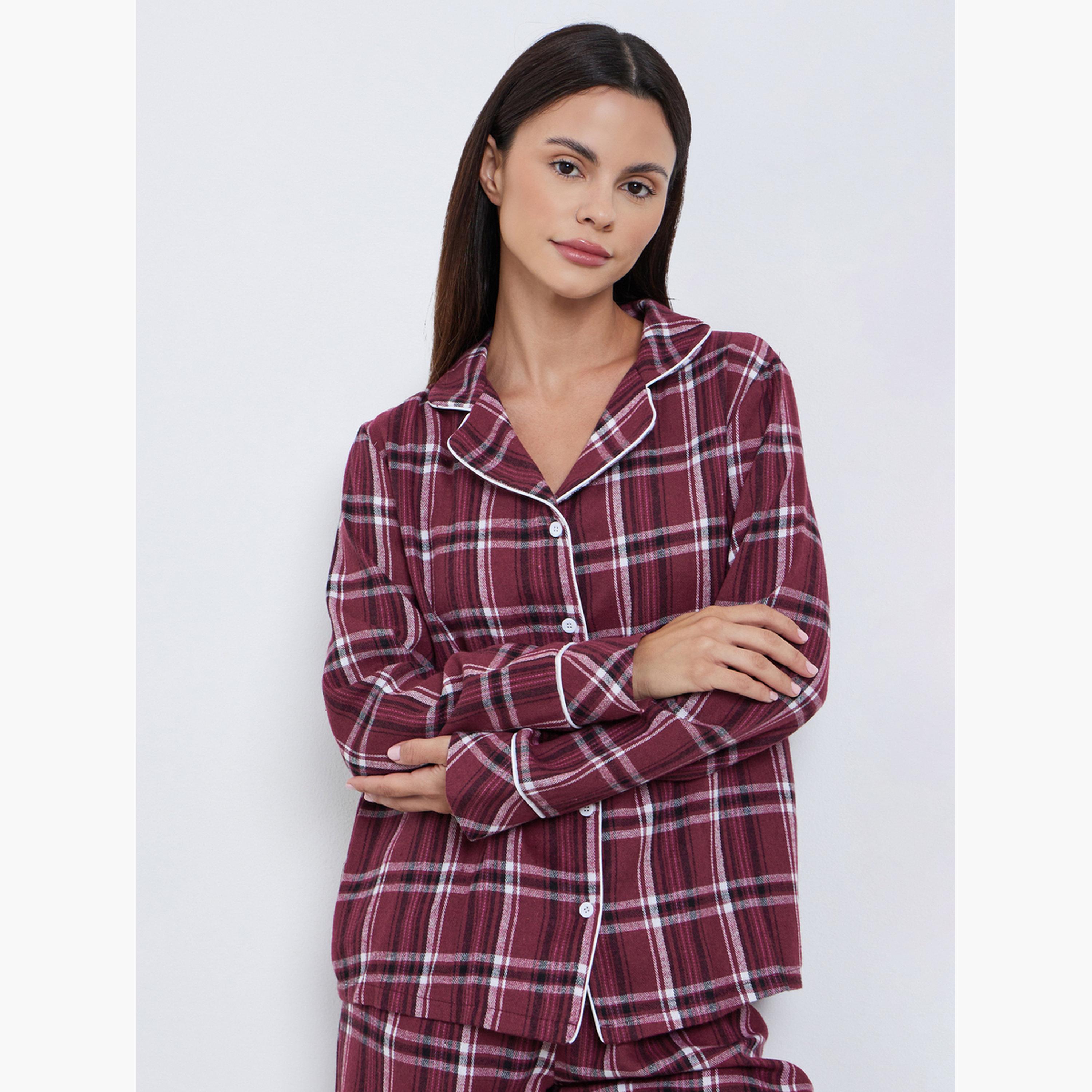 ستايلي - بيجاما قميص  بتفاصيل مربعات-women-clothing-nightwear-pyjamas-longsets-image-3
