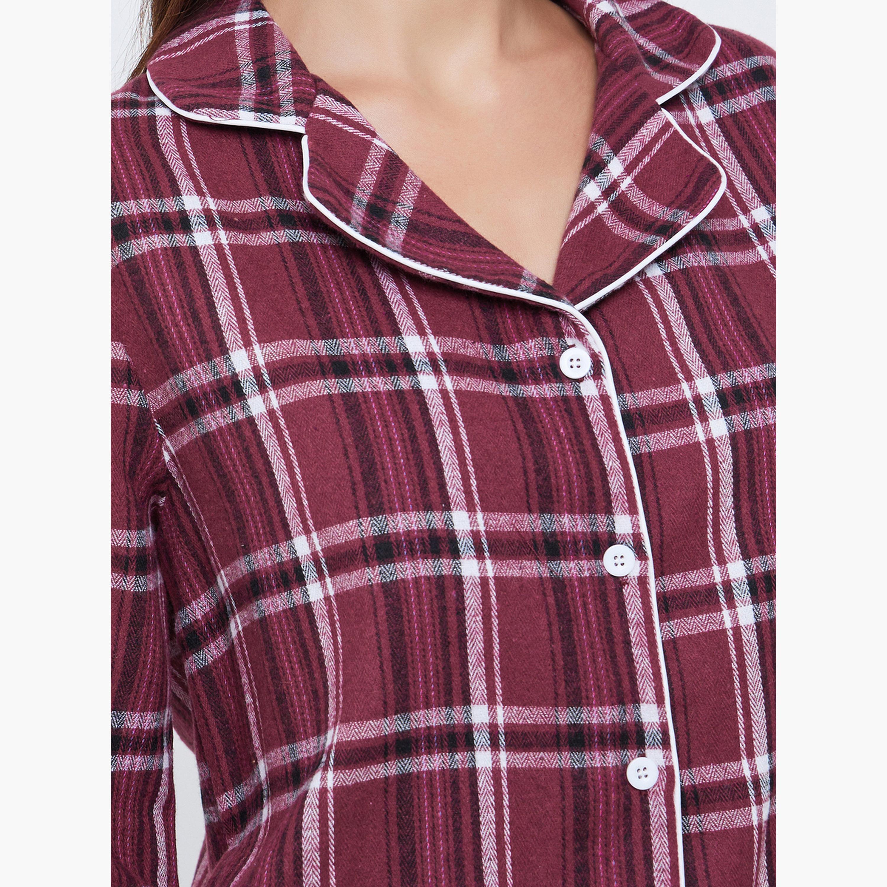 Styli Checked Piped Detail Shirt and Pyjama Set-women-clothing-nightwear-pyjamas-longsets-image-4
