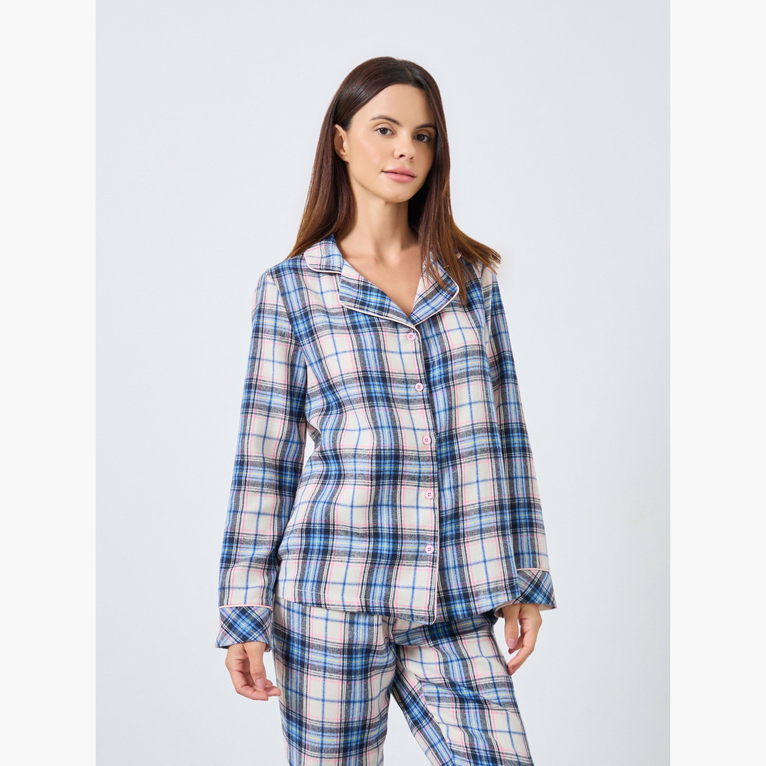 Styli Check Button Placket Shirt and Pyjama Set-women-clothing-nightwear-pyjamas-longsets-image-2