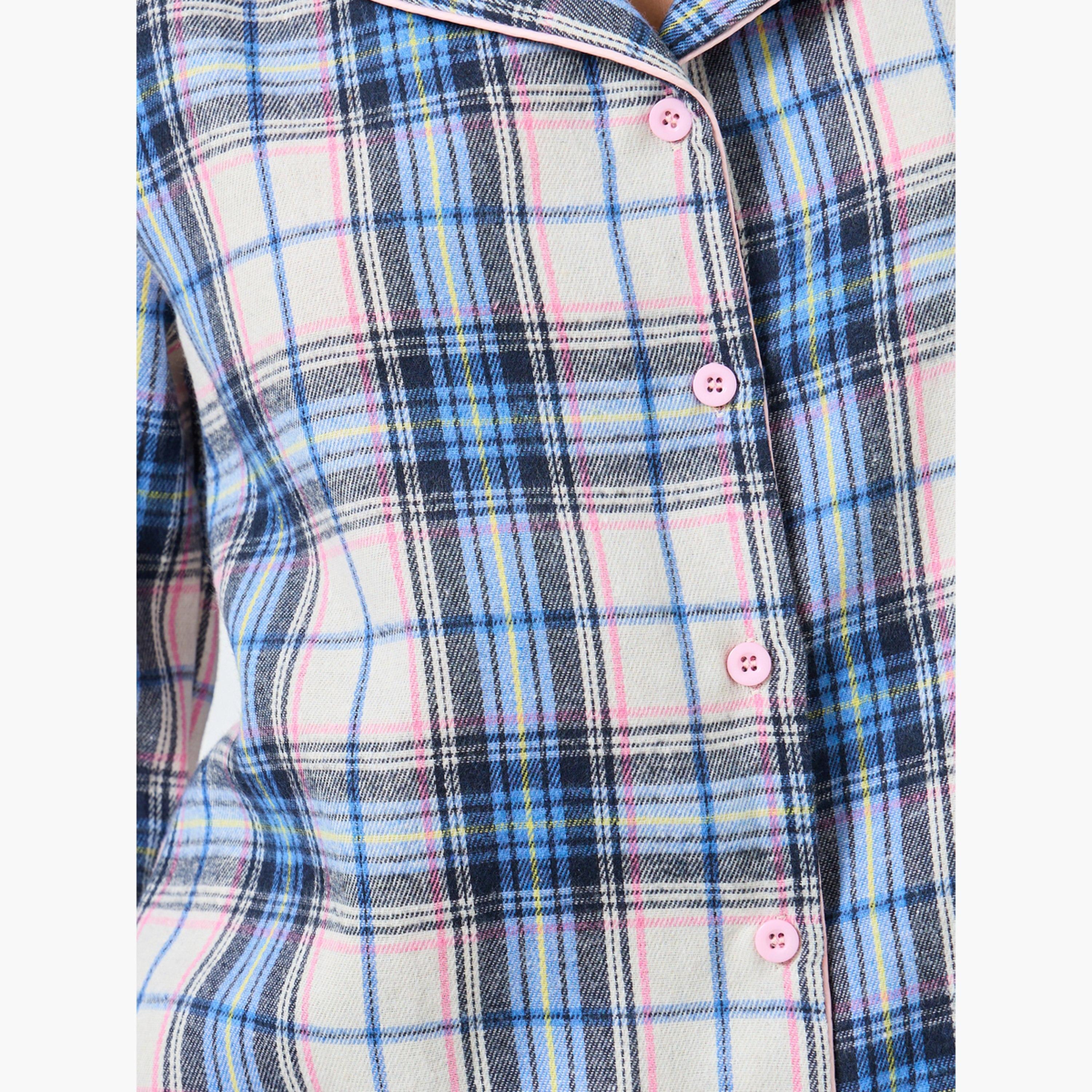 Styli Check Button Placket Shirt and Pyjama Set-women-clothing-nightwear-pyjamas-longsets-image-3