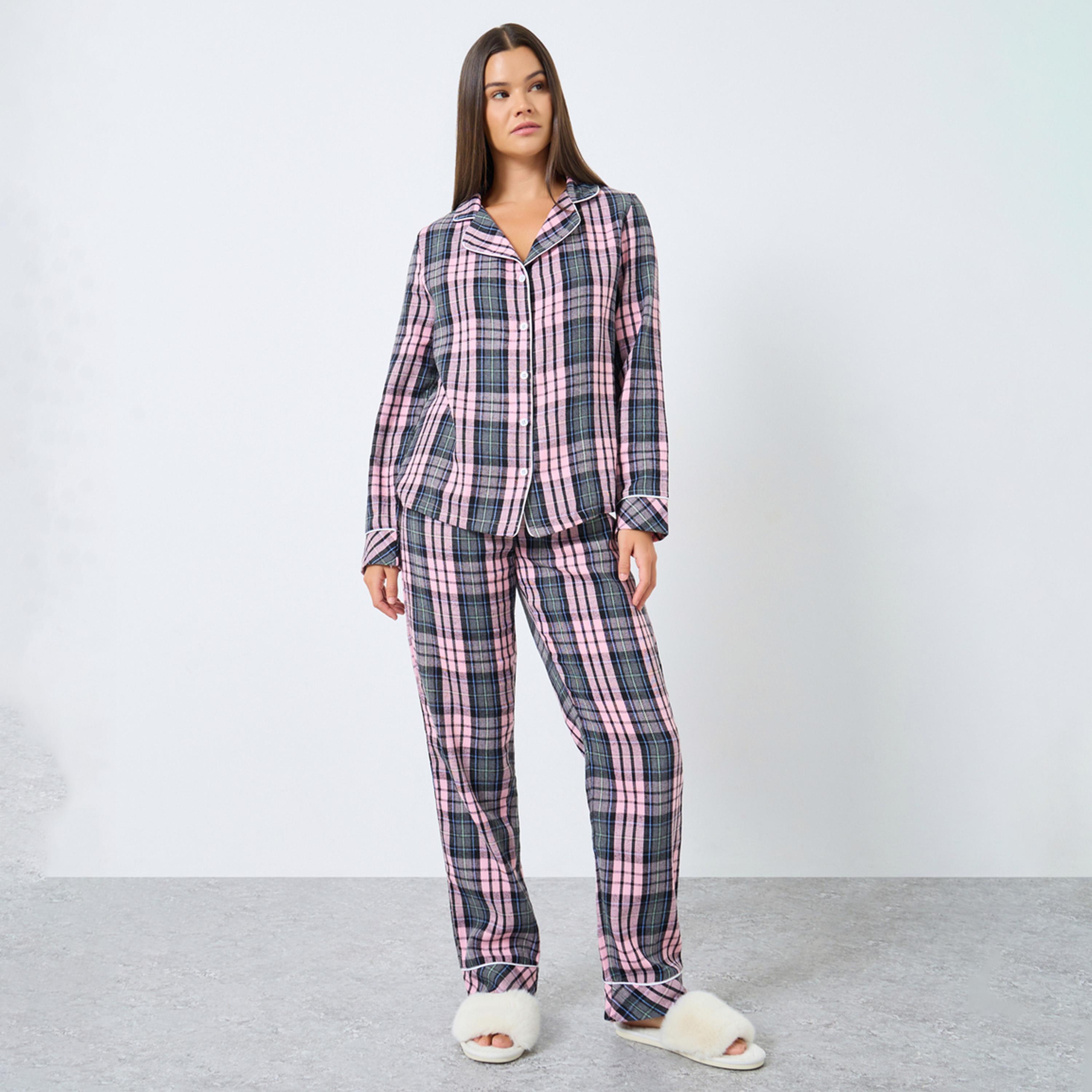 ستايلي - بيجاما قميص بنقشة مربعات وأزرار-women-clothing-nightwear-pyjamas-longsets-image-1