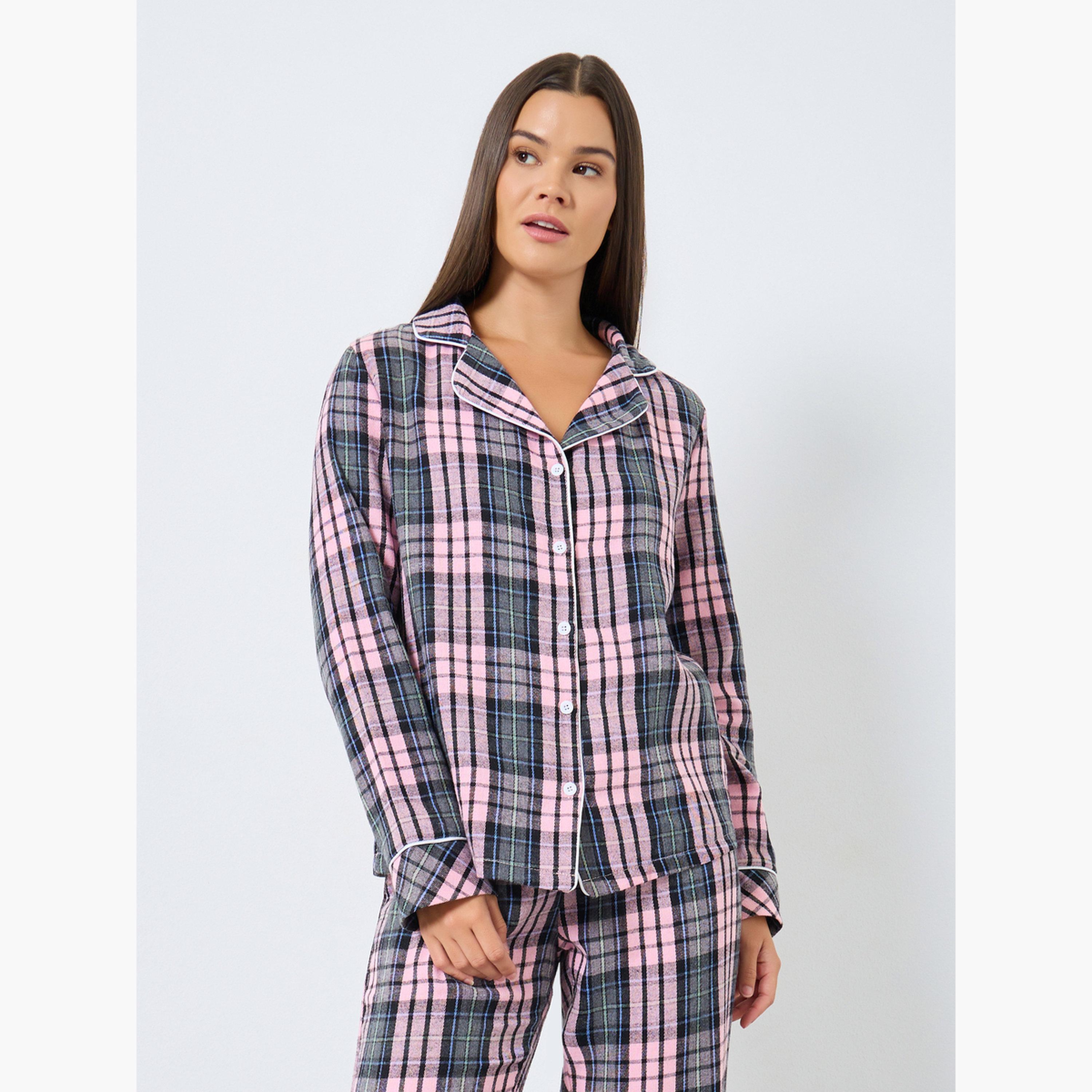 ستايلي - بيجاما قميص بنقشة مربعات وأزرار-women-clothing-nightwear-pyjamas-longsets-image-3