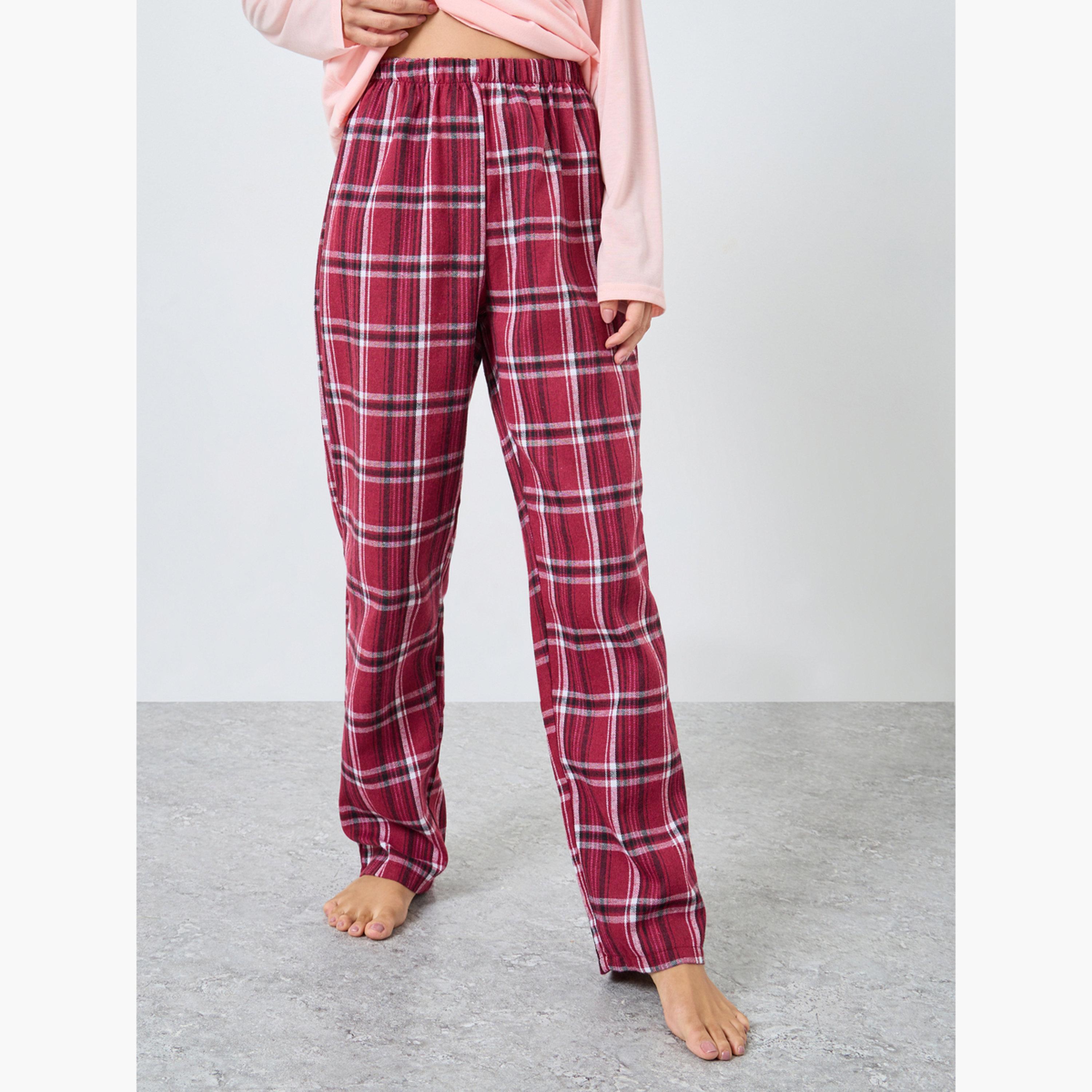 Styli Solid Long Sleeves T-Shirt and Checked Pyjama Set-women-clothing-nightwear-pyjamas-longsets-image-4
