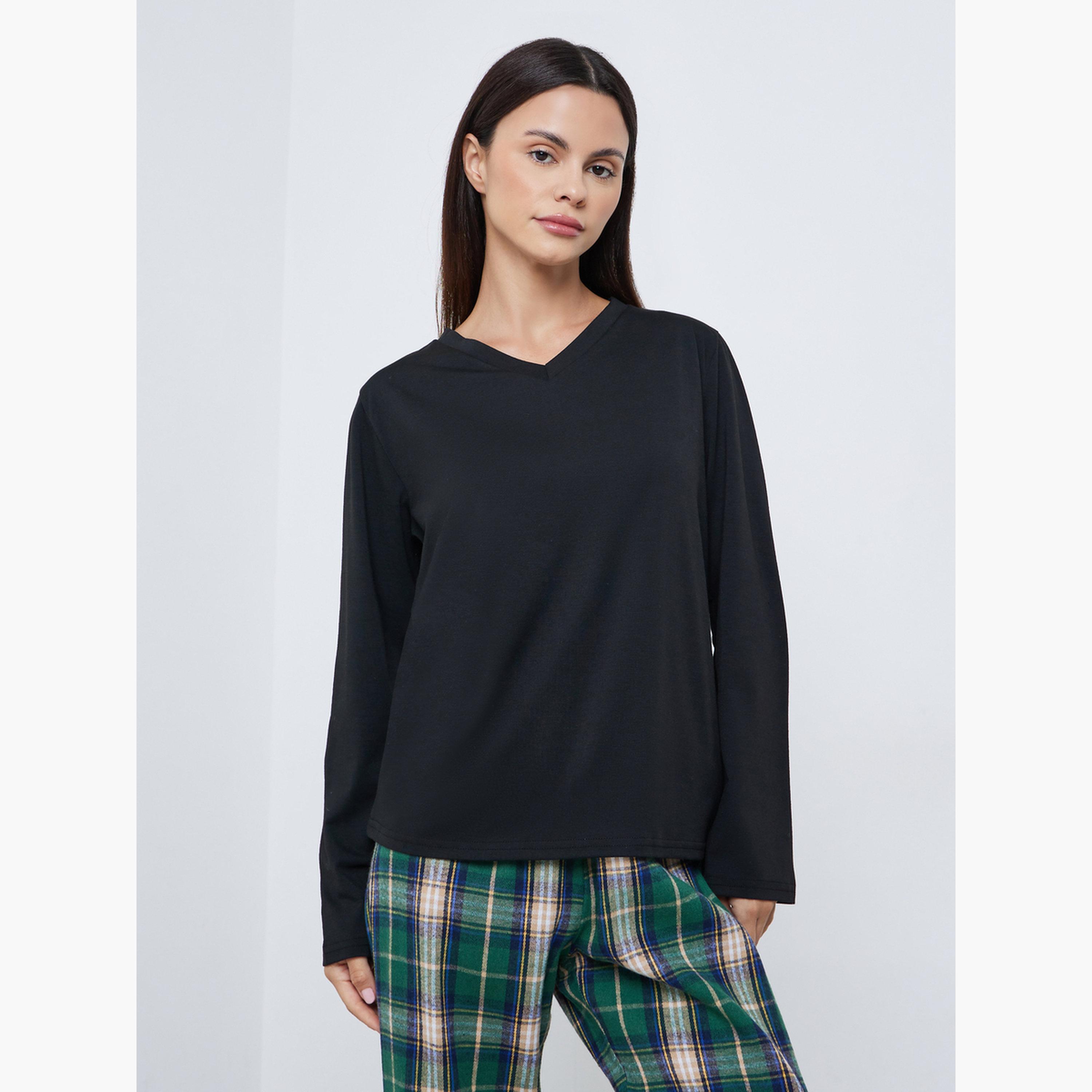 ستايلي - طقم تي شيرت بأكمام طويلة وبيجاما منقوشة-women-clothing-nightwear-pyjamas-longsets-image-2
