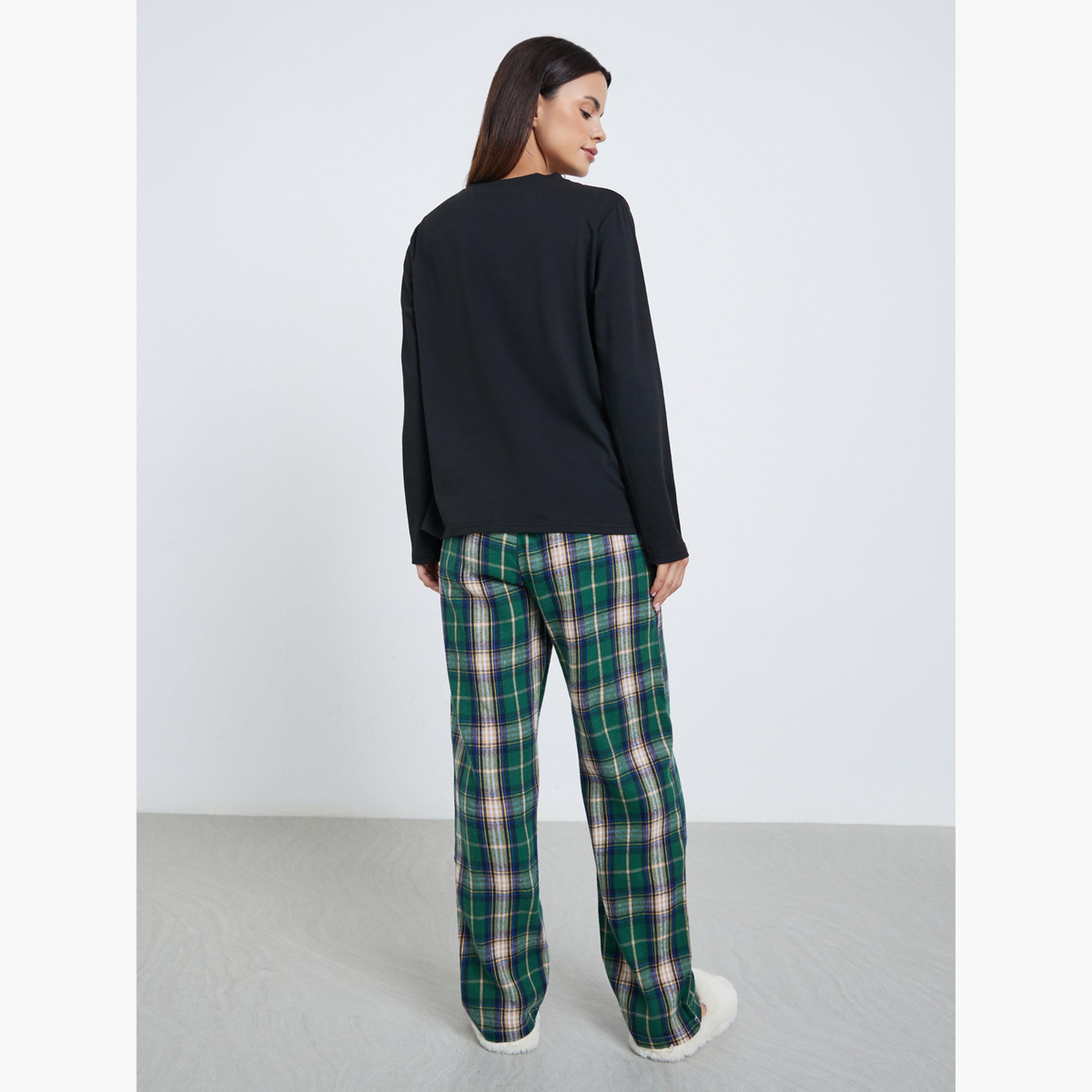 ستايلي - طقم تي شيرت بأكمام طويلة وبيجاما منقوشة-women-clothing-nightwear-pyjamas-longsets-image-4