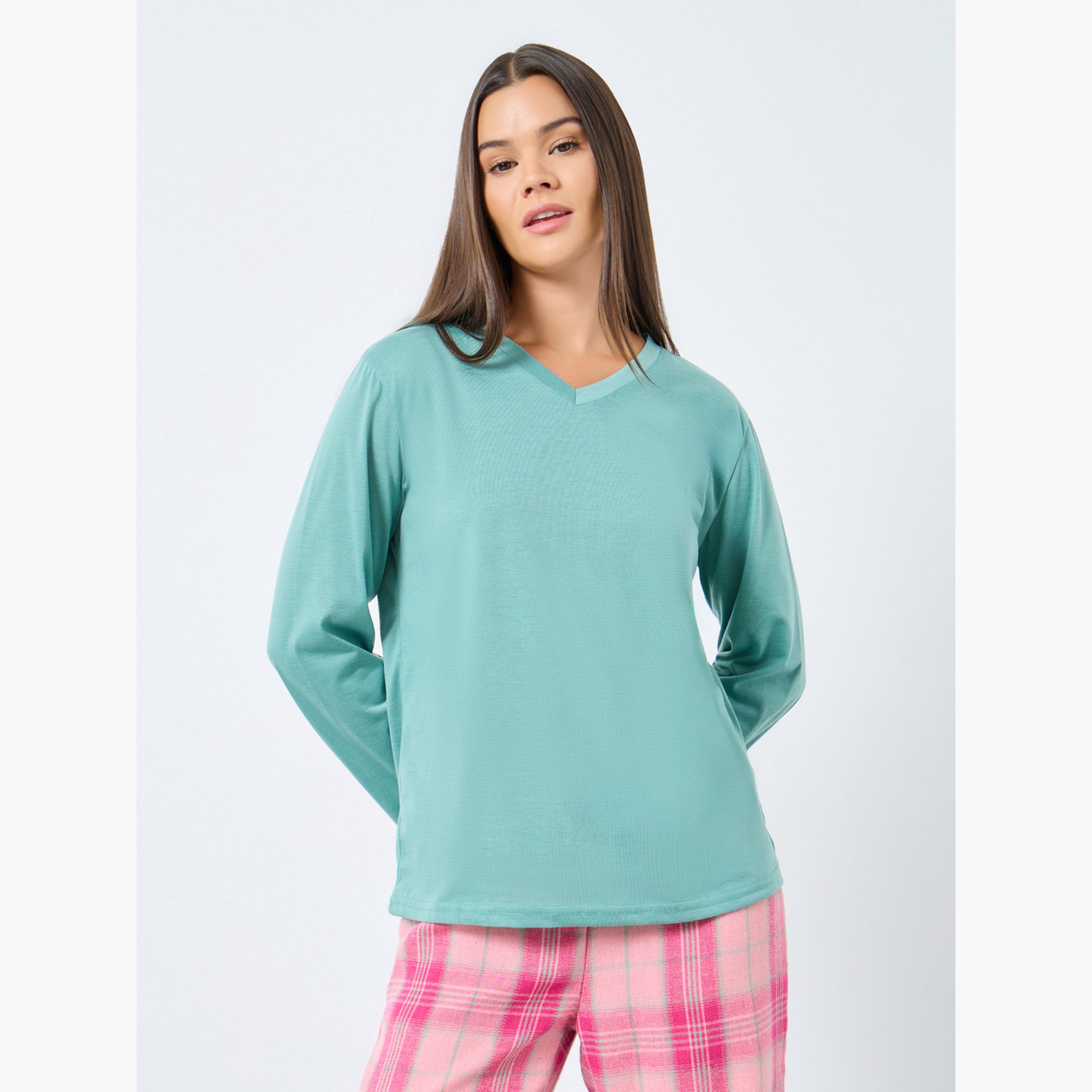 Styli Women Solid Long Sleeves T-Shirt and Checked Pyjama Set-women-clothing-nightwear-pyjamas-longsets-image-2