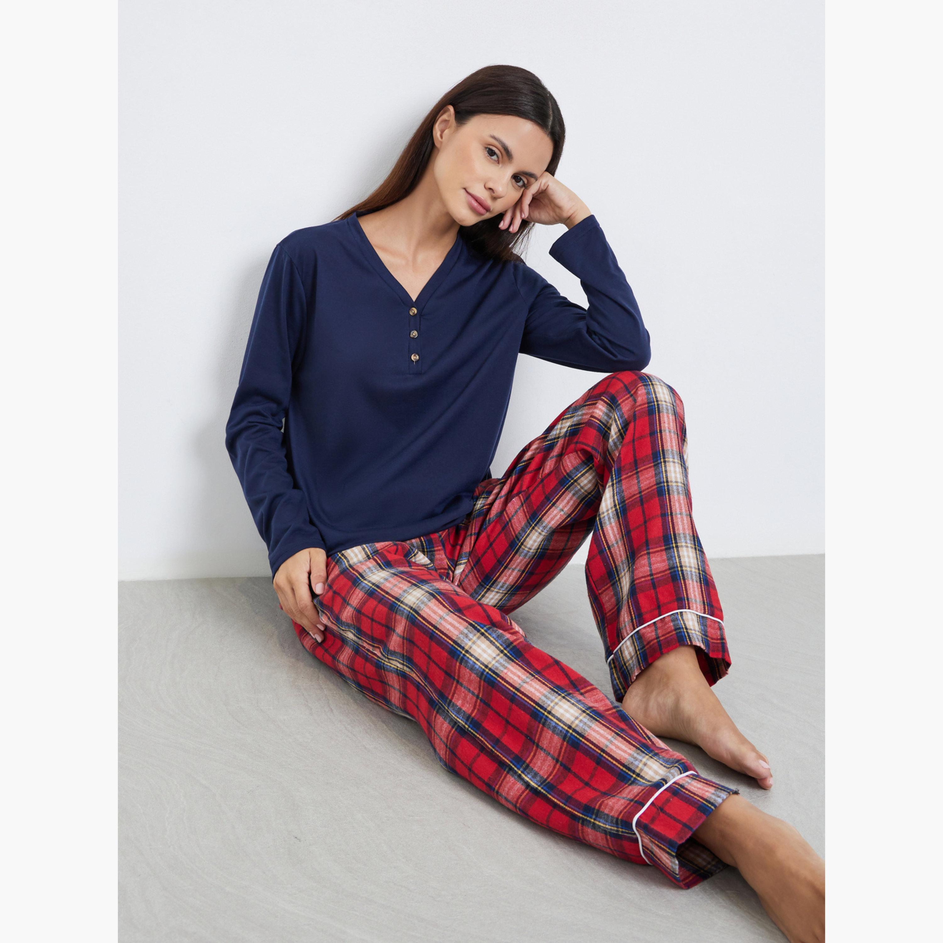 Styli V Neck Placket T-Shirt and Check Pyjama Set-women-clothing-nightwear-pyjamas-longsets-image-2
