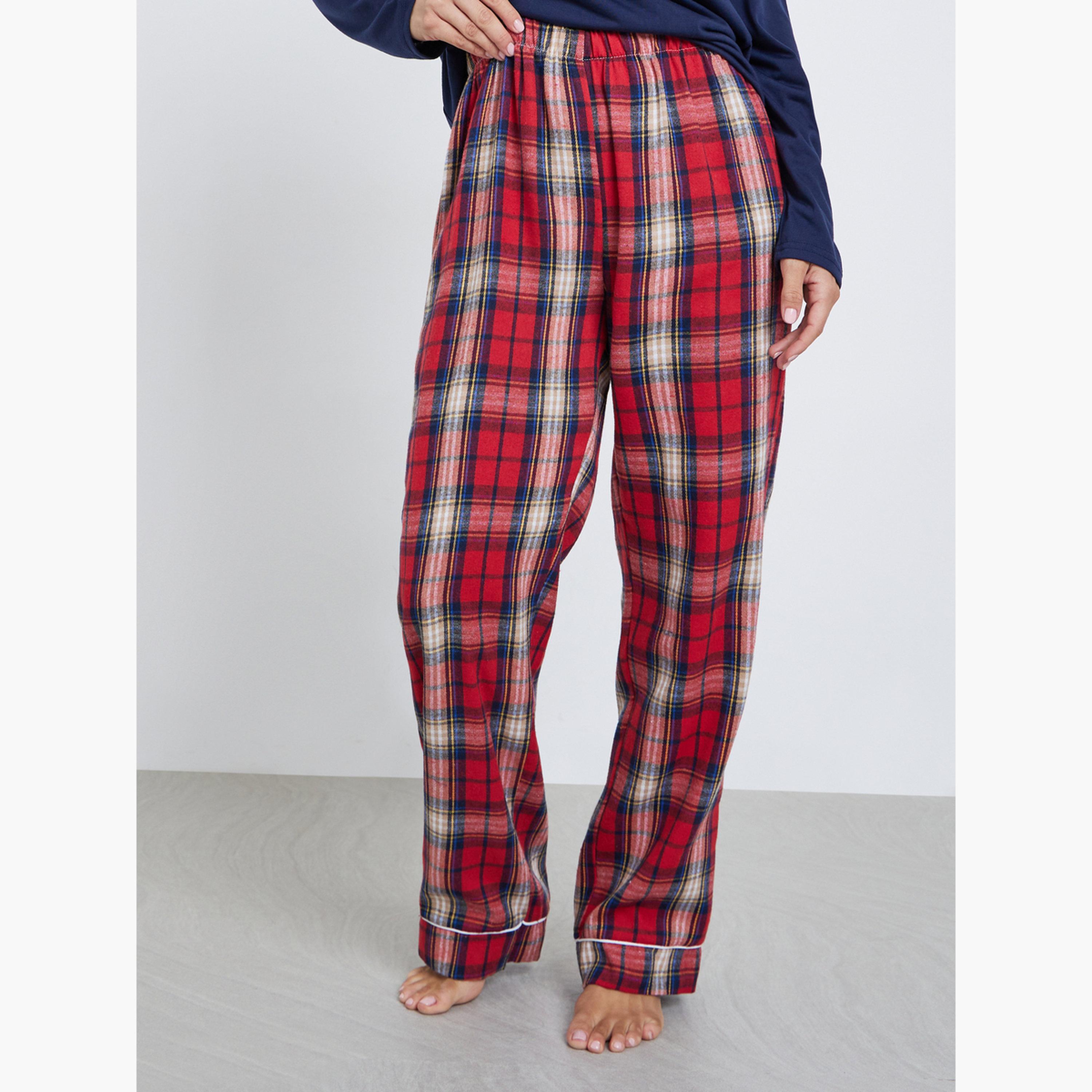 Styli V Neck Placket T-Shirt and Check Pyjama Set-women-clothing-nightwear-pyjamas-longsets-image-4