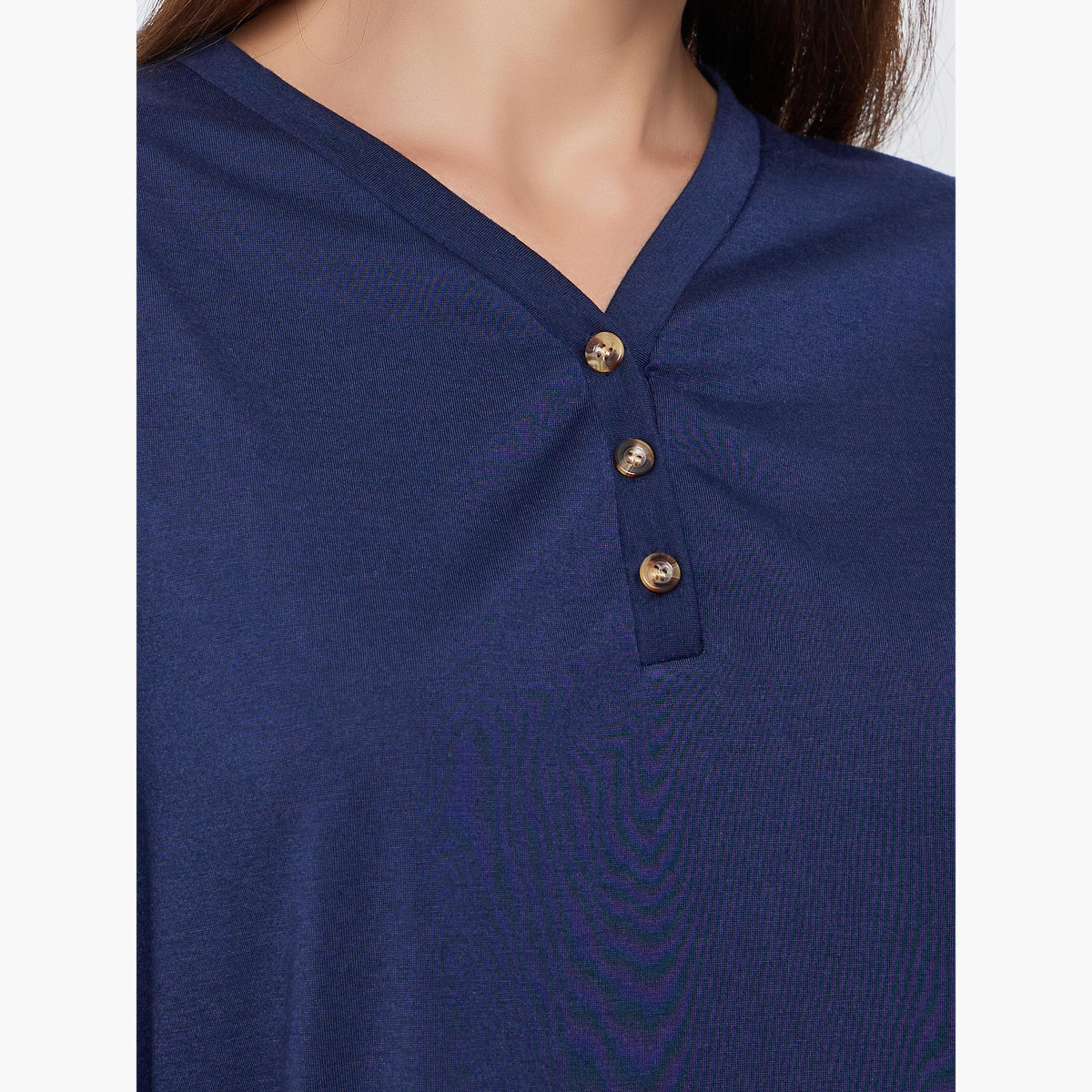 Styli V Neck Placket T-Shirt and Check Pyjama Set-women-clothing-nightwear-pyjamas-longsets-image-6