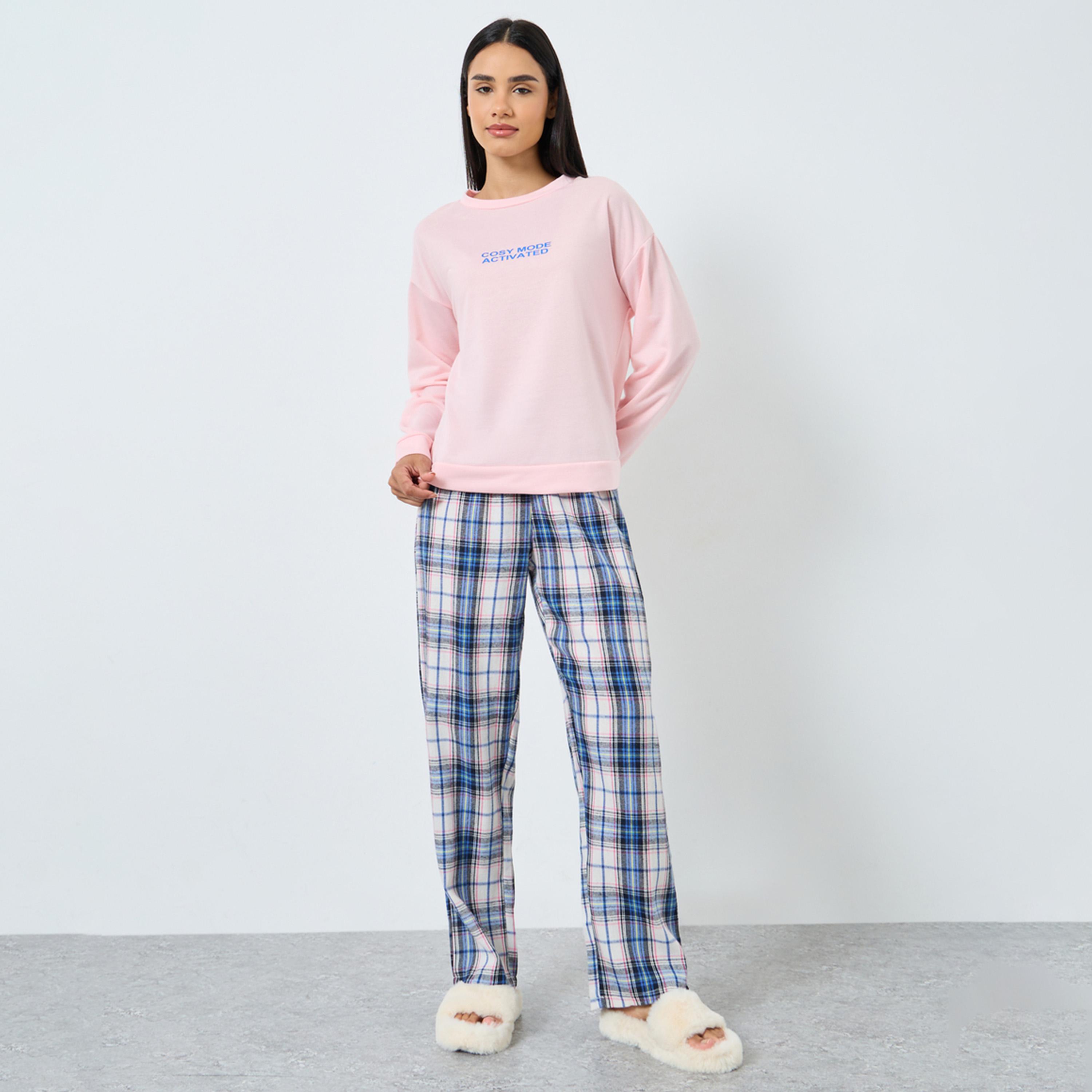 ستايلي - بيجاما بنقشة مربعات وتي شيرت بشعار Cosy Mode-women-clothing-nightwear-pyjamas-longsets-image-1