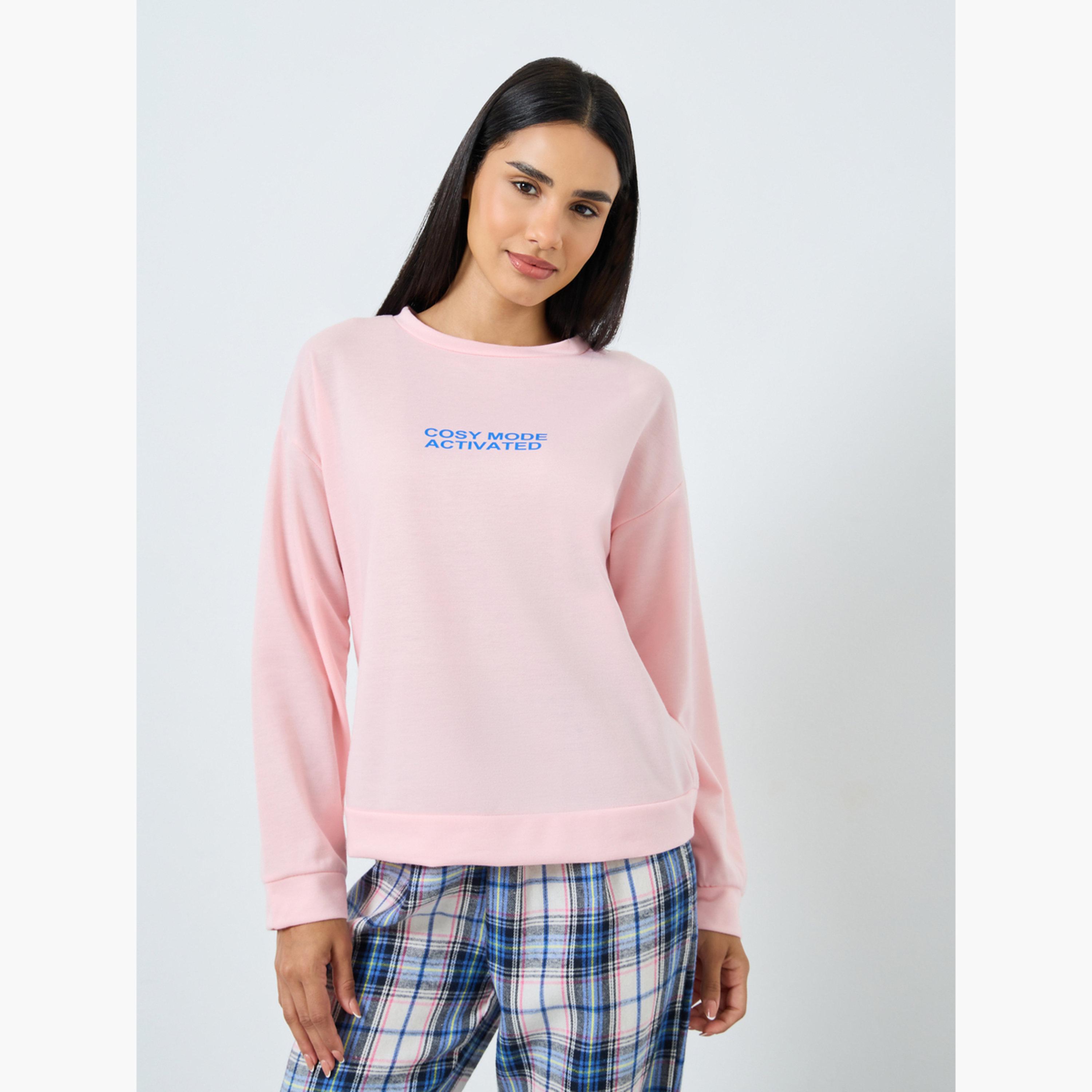 Styli Cosy Mode Slogan T-Shirt and Check Pyjama Set-women-clothing-nightwear-pyjamas-longsets-image-2
