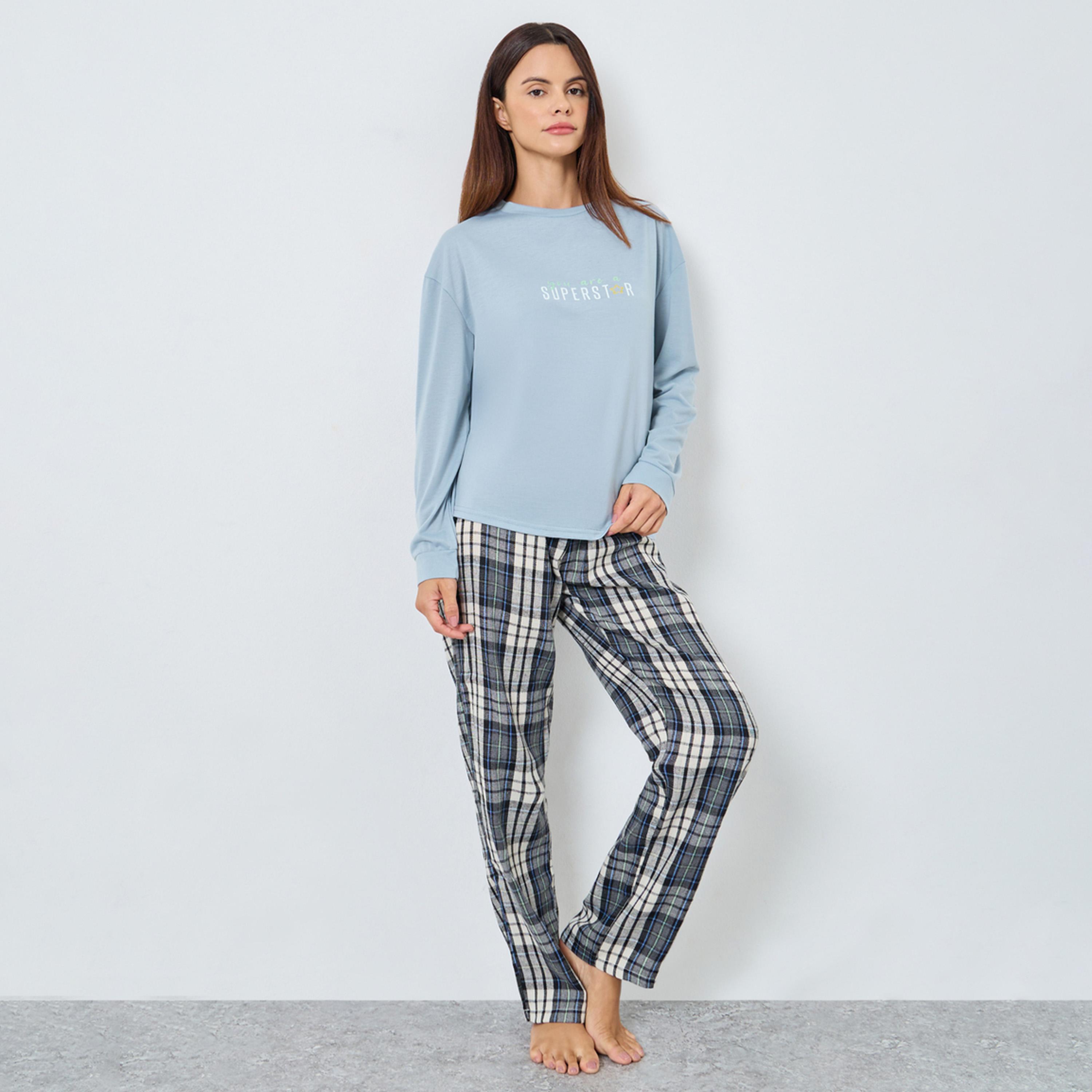 Styli Superstar Slogan Long Sleeve T-Shirt and Check Pyjama Set-women-clothing-nightwear-pyjamas-longsets-image-1