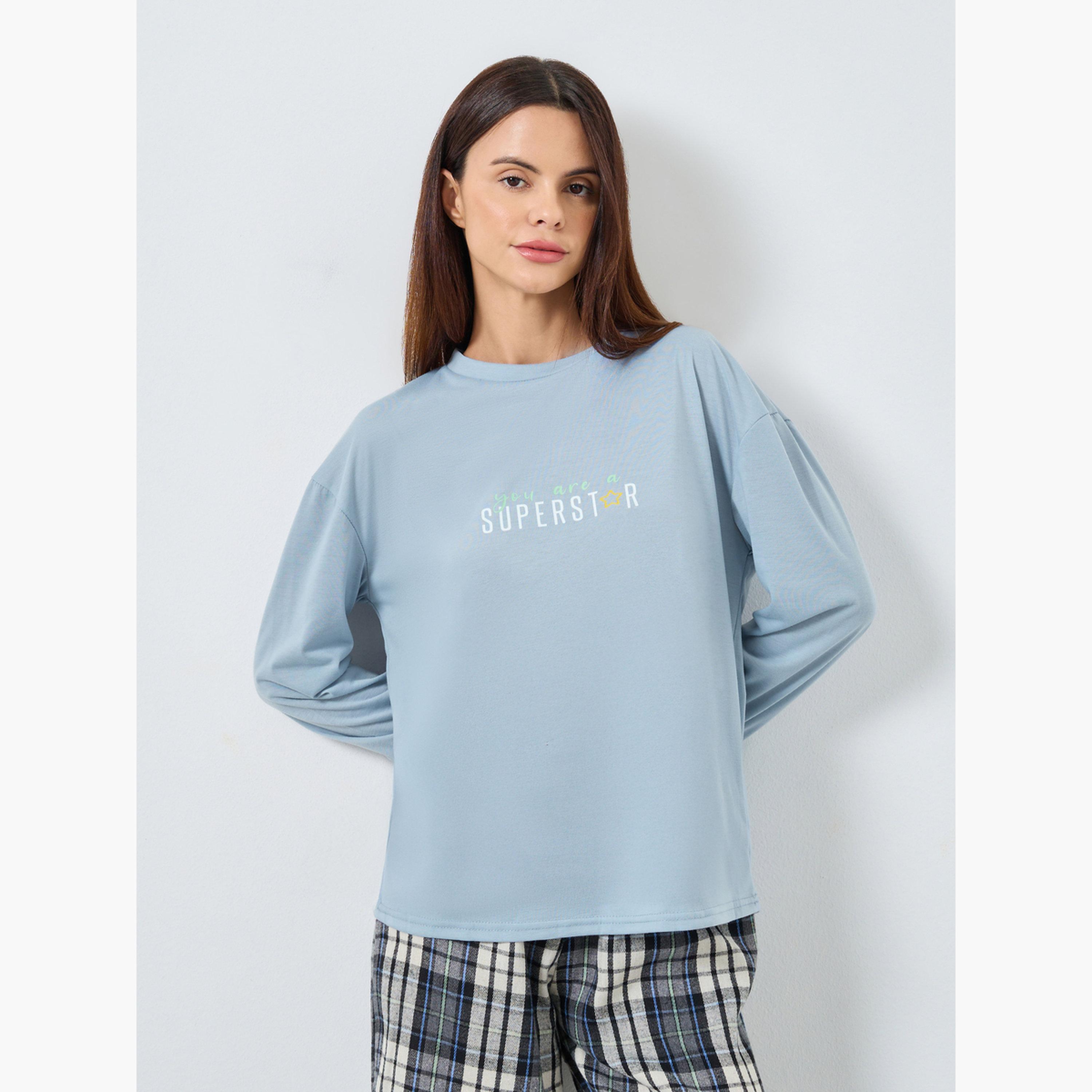 Styli Superstar Slogan Long Sleeve T-Shirt and Check Pyjama Set-women-clothing-nightwear-pyjamas-longsets-image-2