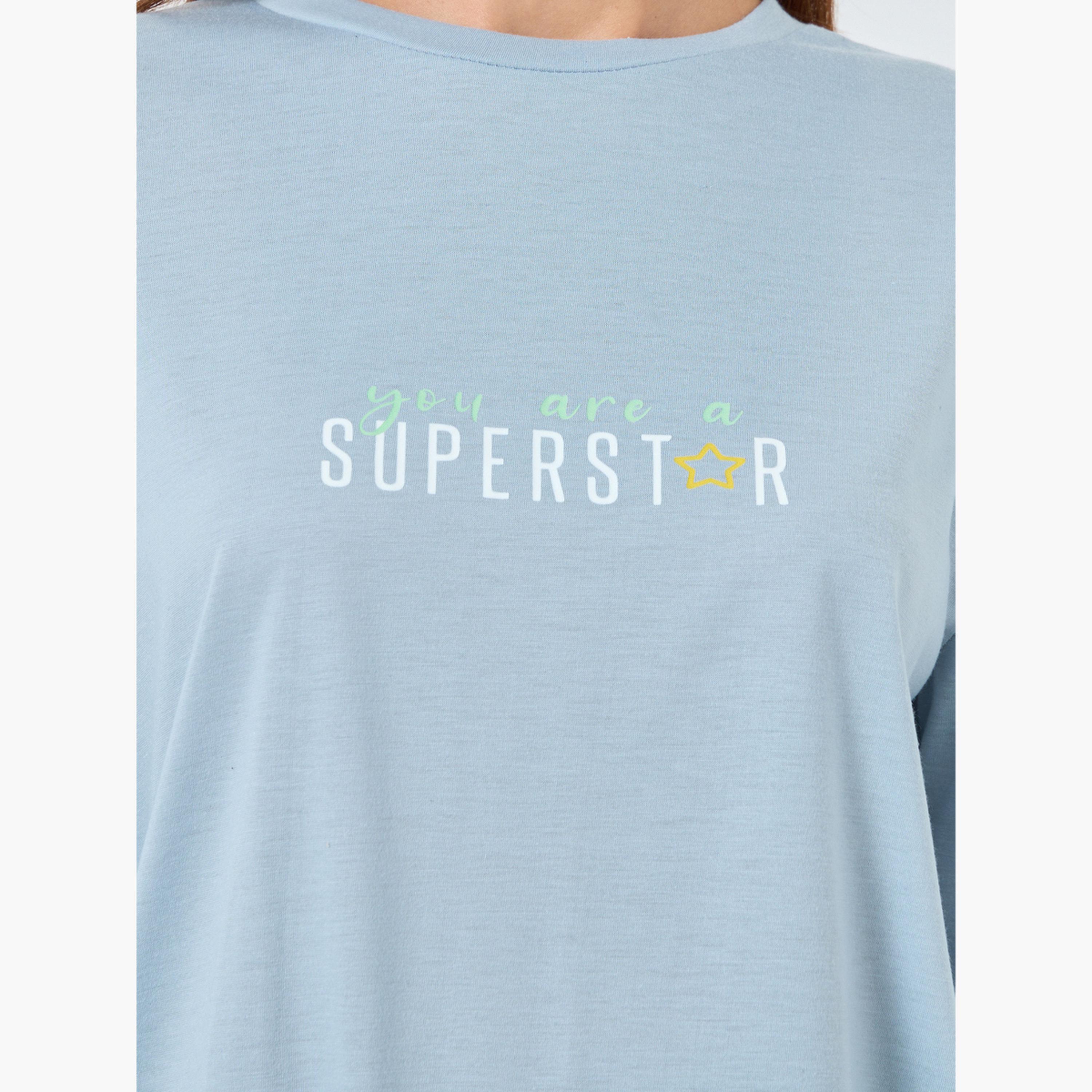 Styli Superstar Slogan Long Sleeve T-Shirt and Check Pyjama Set-women-clothing-nightwear-pyjamas-longsets-image-3