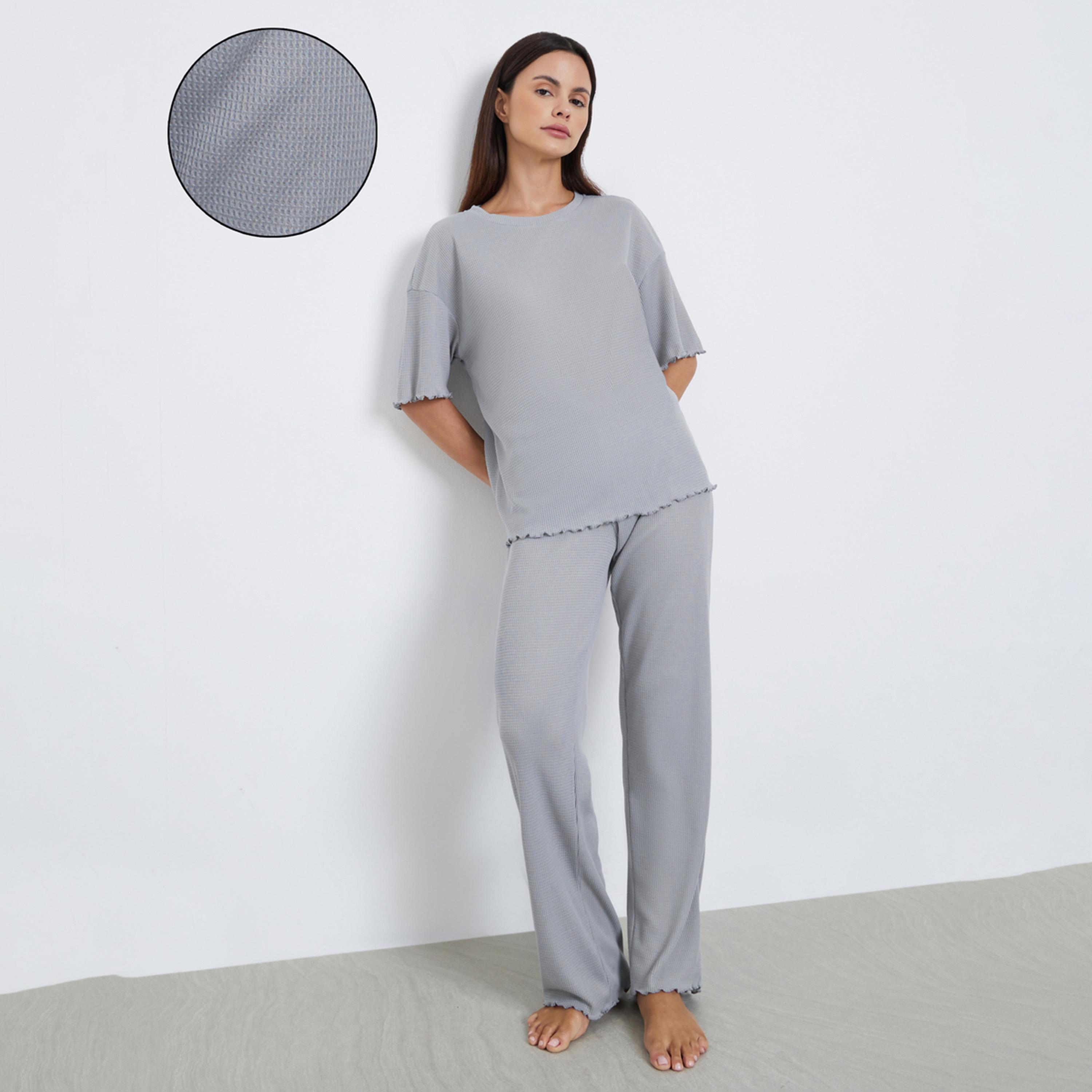 ستايلي - بيجاما تي شيرت قماش الوافل مع حافة خس وكتف منسدلة-women-clothing-nightwear-pyjamas-longsets-image-1