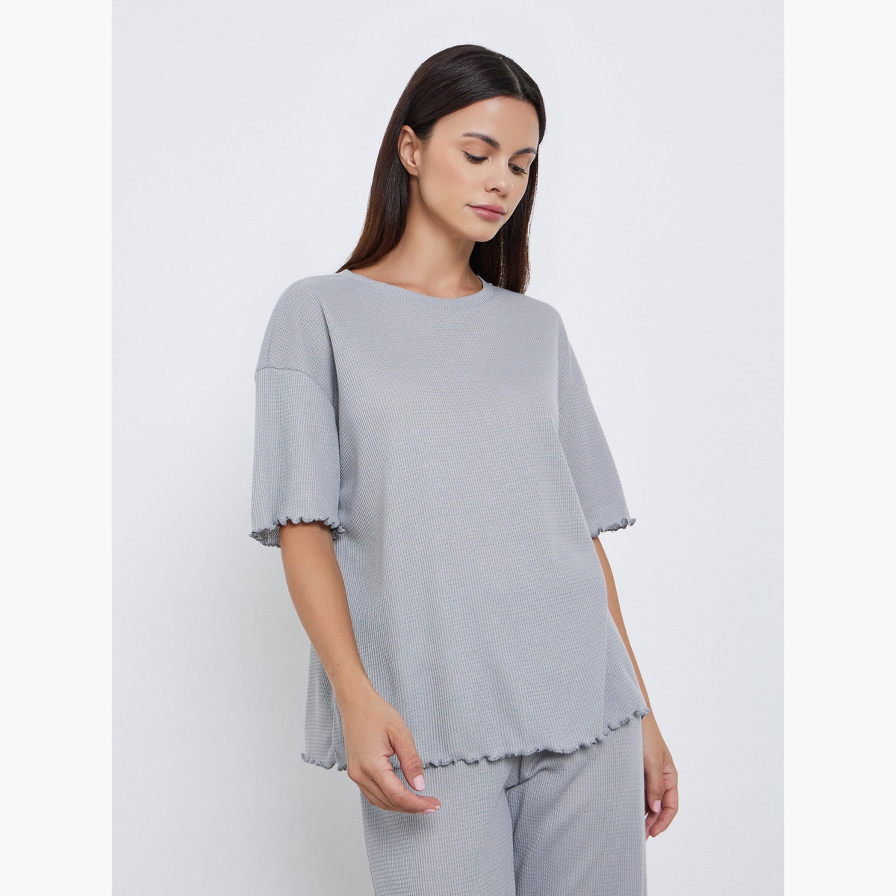 Styli Waffle Knit Lettuce Hem Drop Shoulder T-Shirt and Pyjama Set-women-clothing-nightwear-pyjamas-longsets-image-2