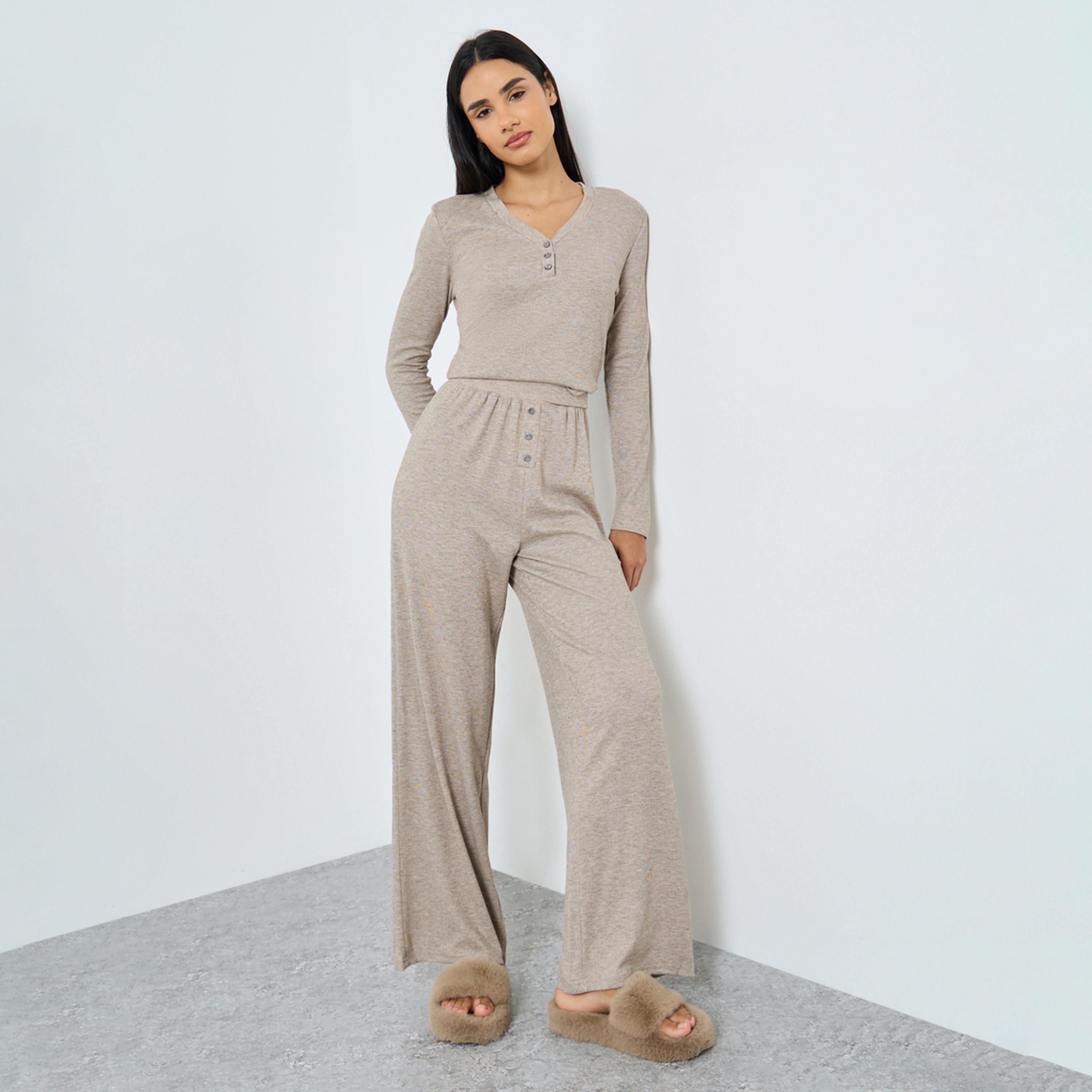 Styli Supersoft Rib Placket  Top and Placket Pyjama Set-women-clothing-nightwear-pyjamas-longsets-image-1