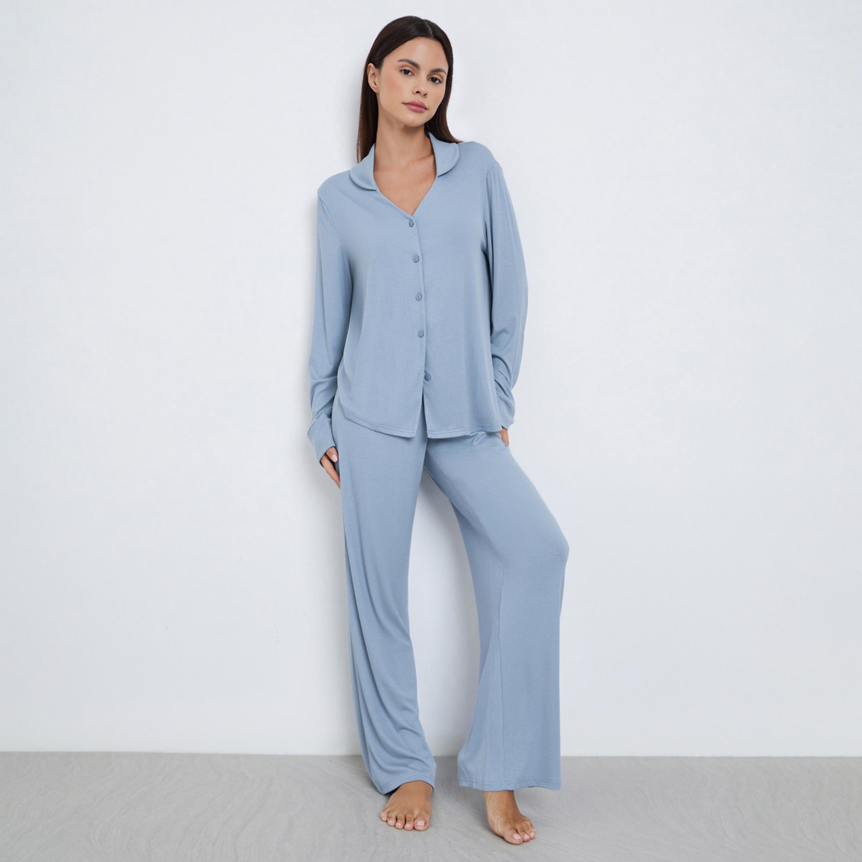 Styli Supersoft Viscose Open Collar Buttoned Shirt and Pyjama Set-women-clothing-nightwear-pyjamas-longsets-image-1