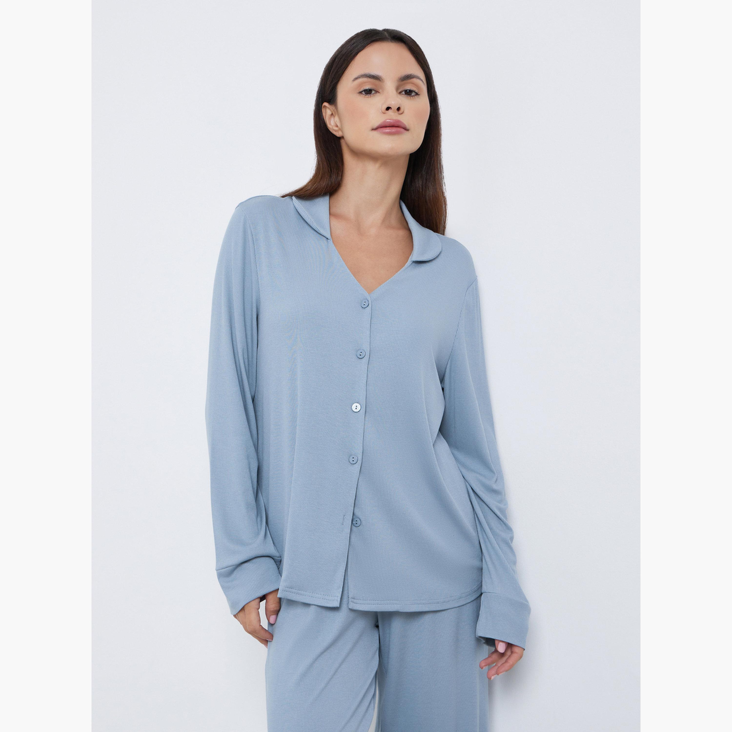 Styli Supersoft Viscose Open Collar Buttoned Shirt and Pyjama Set-women-clothing-nightwear-pyjamas-longsets-image-2