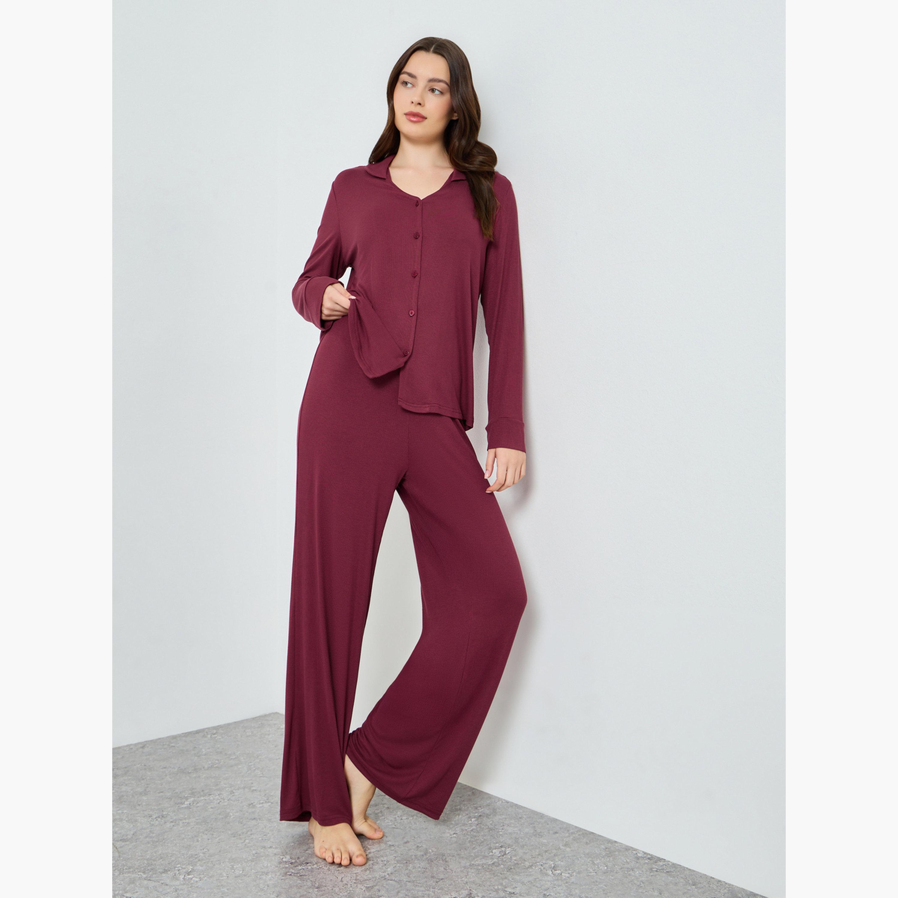طقم بيجاما محبوك من الفيسكوز بلون عنابي-women-clothing-nightwear-pyjamas-longsets-image-1