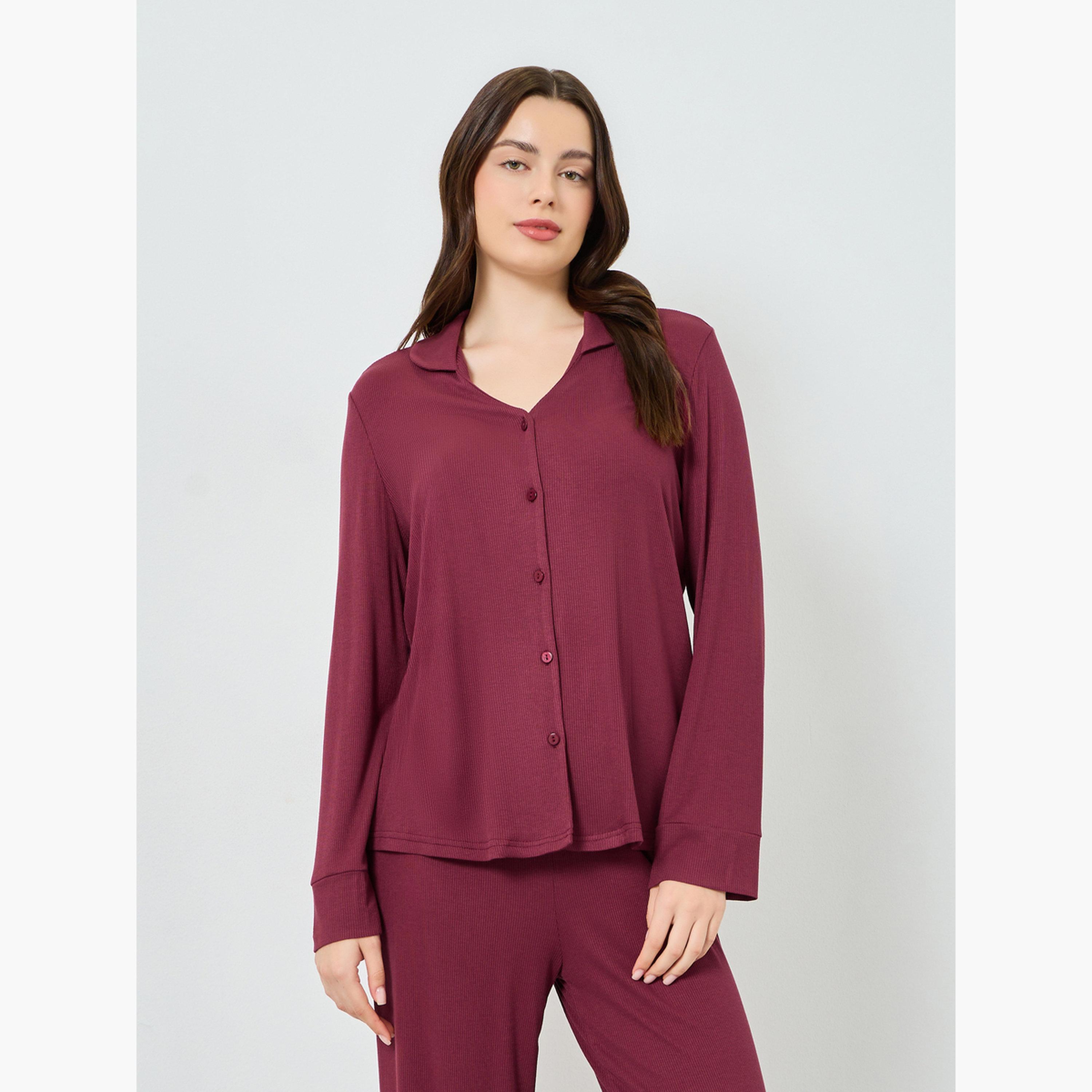 Styli Burgundy Viscose Knit Shirt and Pyjama Set-women-clothing-nightwear-pyjamas-longsets-image-2