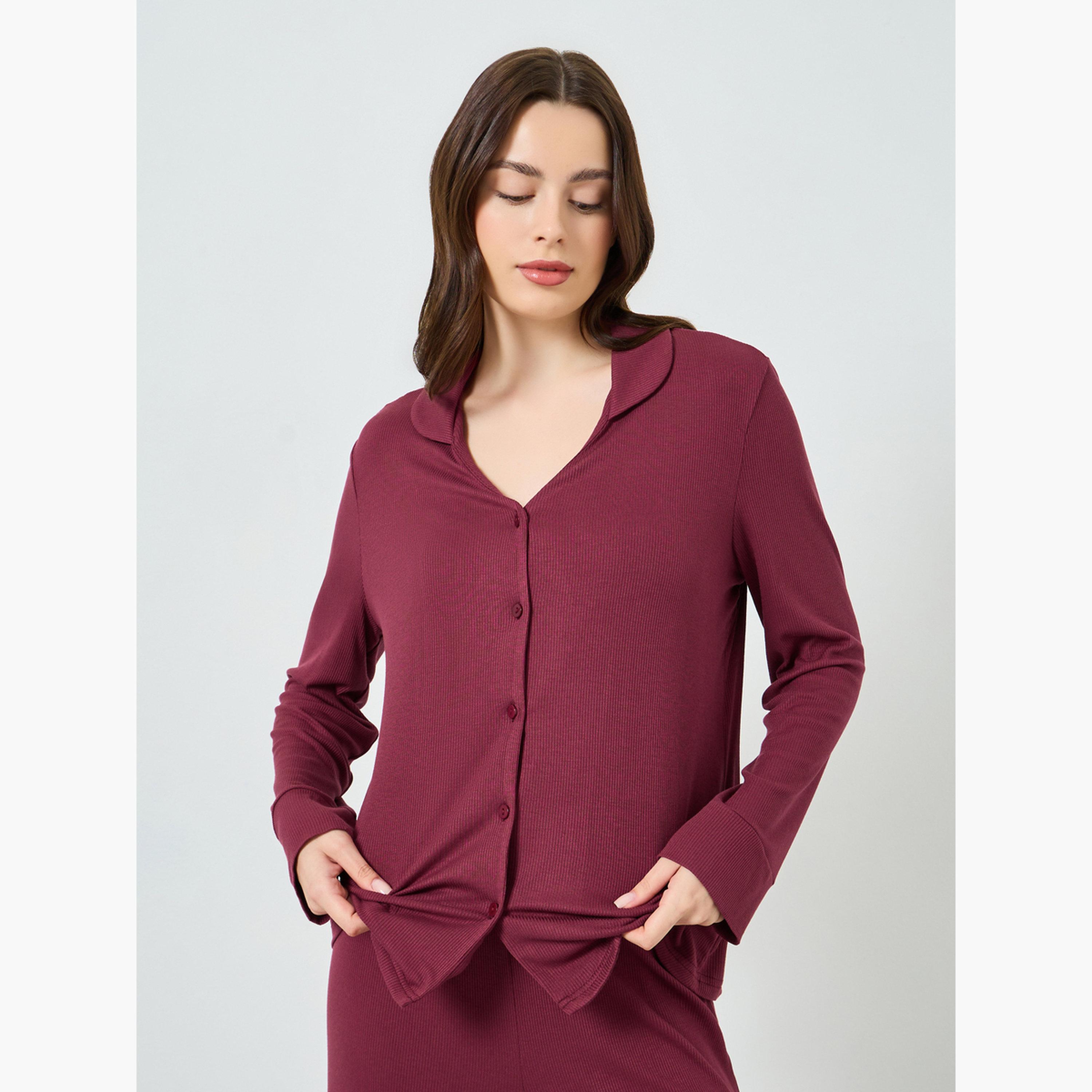 Styli Burgundy Viscose Knit Shirt and Pyjama Set-women-clothing-nightwear-pyjamas-longsets-image-3
