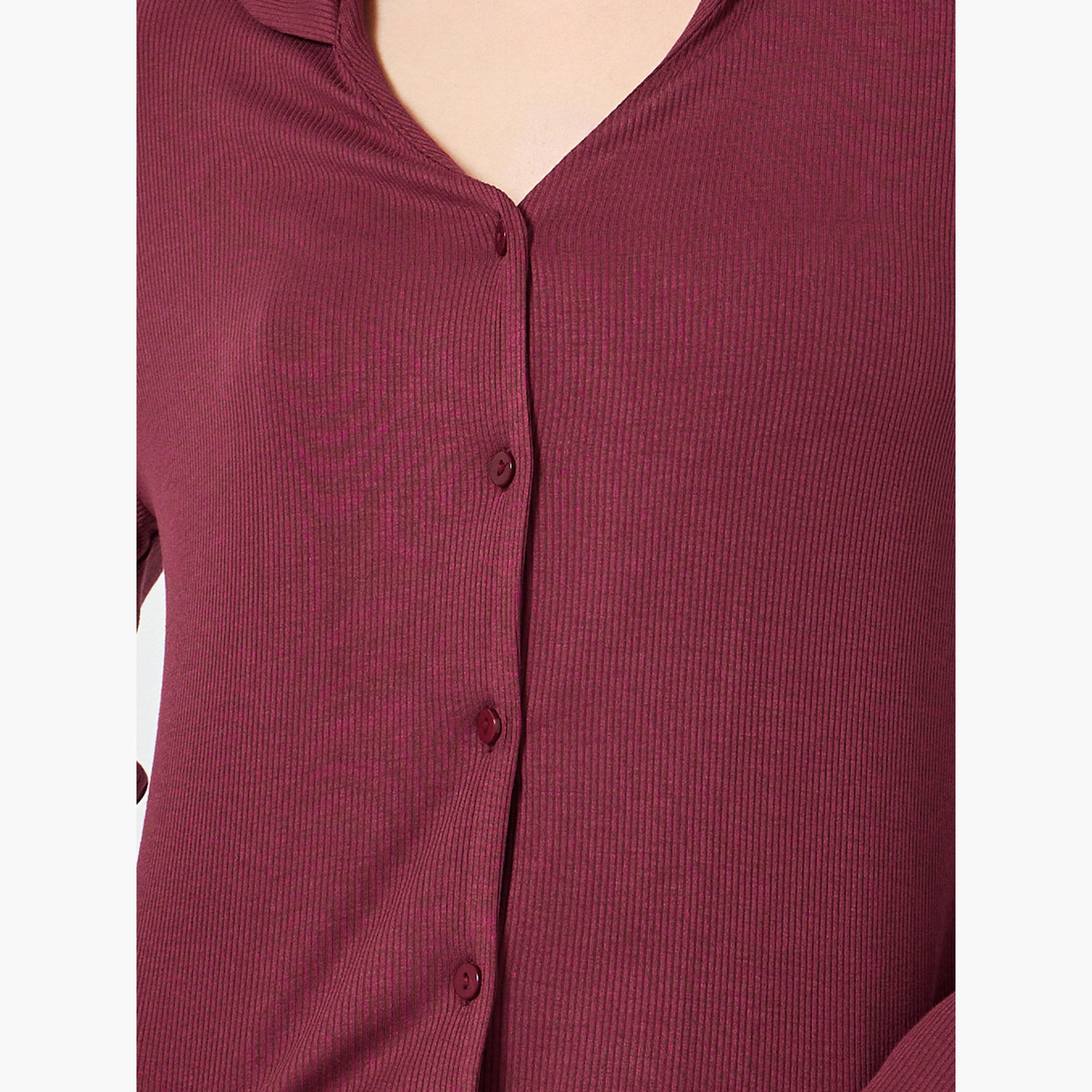 Styli Burgundy Viscose Knit Shirt and Pyjama Set-women-clothing-nightwear-pyjamas-longsets-image-4