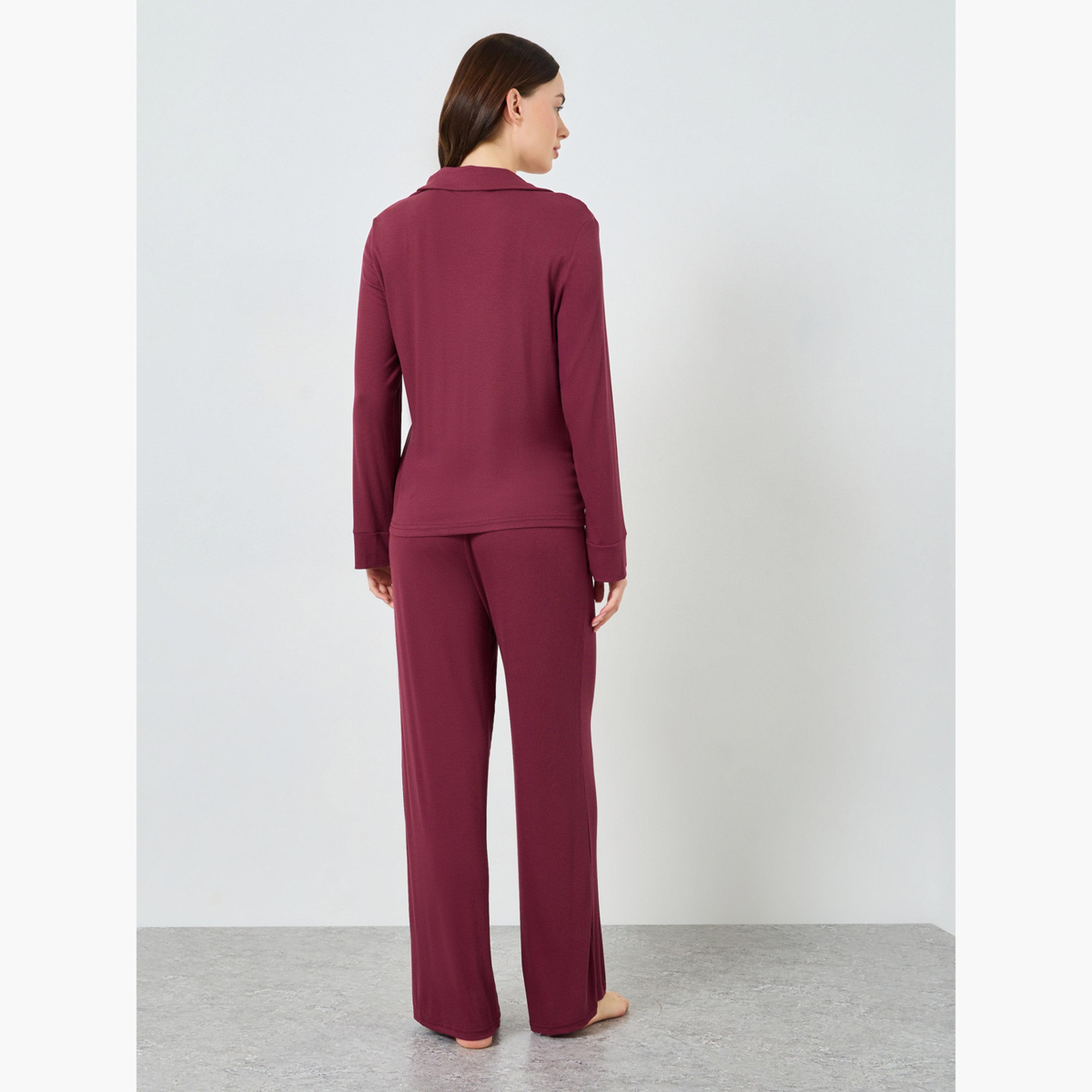 طقم بيجاما محبوك من الفيسكوز بلون عنابي-women-clothing-nightwear-pyjamas-longsets-image-6